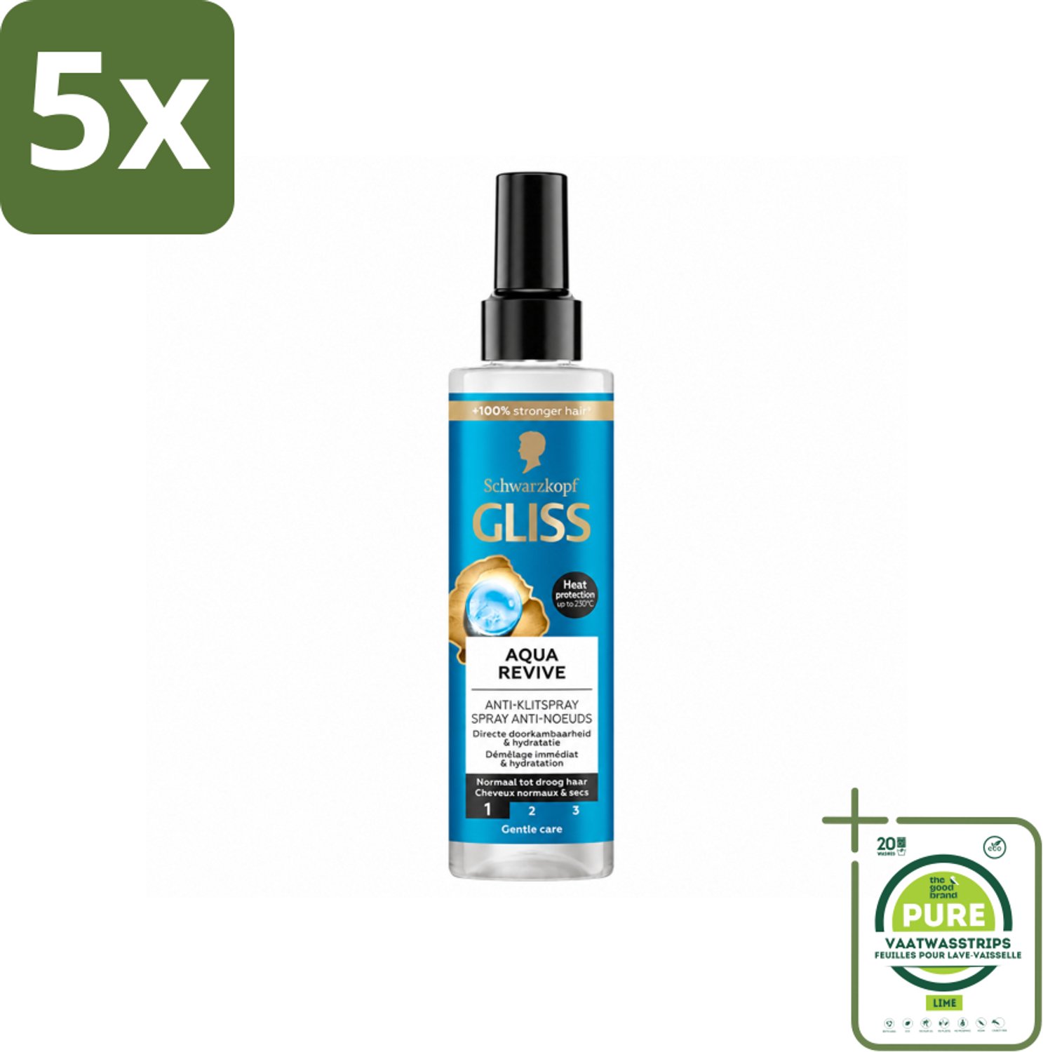 5 x Gliss - Anti-Klit Spray Aqua Revive - Voor Hydraterend en Makkelijk Doorkambaar Haar - 200 ml - Grootverpakking - Vaatwasstrips - Hydraterende Spray - Droog Haar - Klitvrij Haar - Doorkambaarheid - Aquaporine Complex