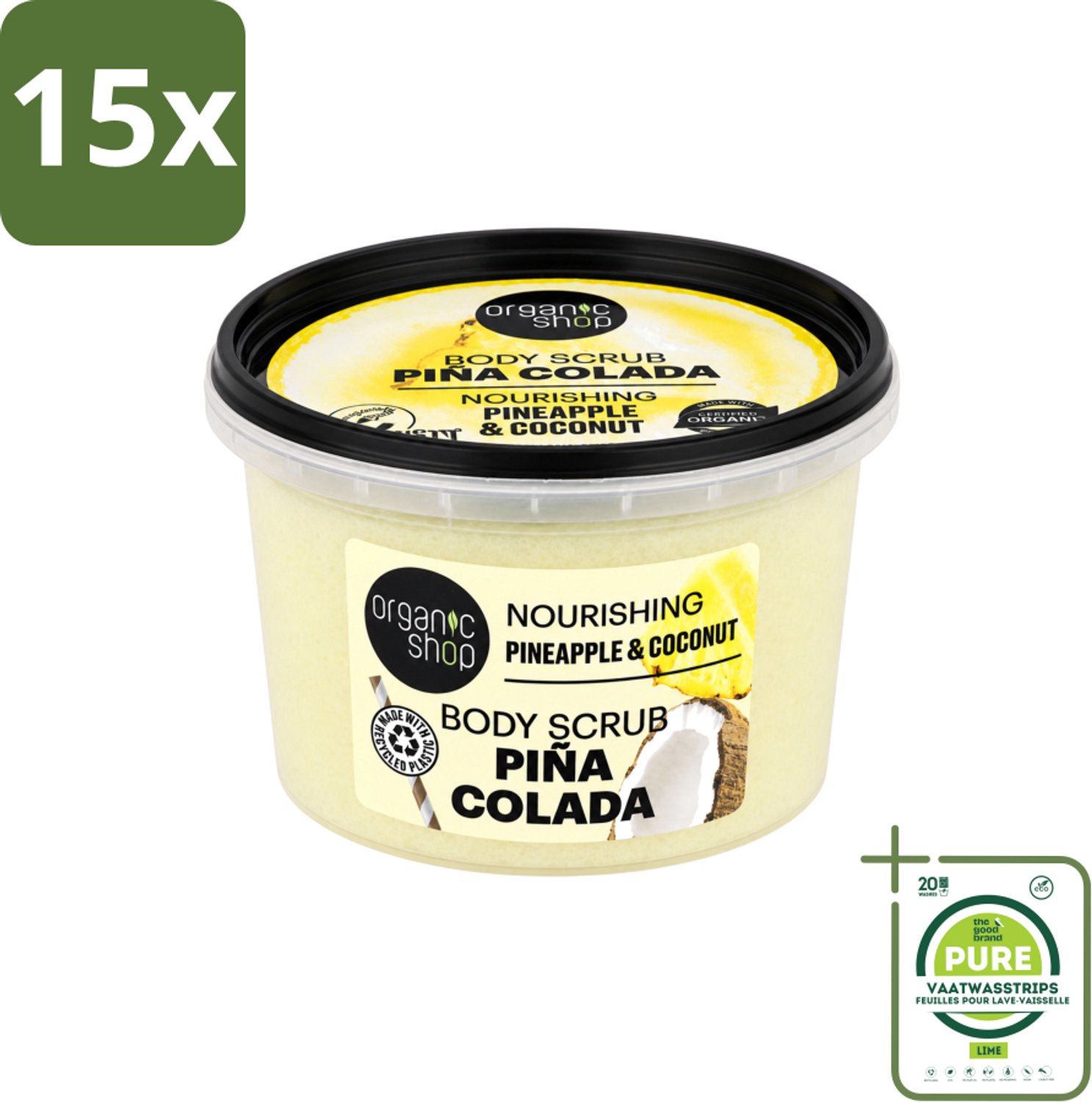 15 x Organic Shop - Body Scrub Pineapple & Coconut - Verfrissend en Voedend - 250 ml - Grootverpakking - Vaatwasstrips - Bodyscrub - Exfoliatie - Huidverzorging - Tropisch Aroma - Ananas