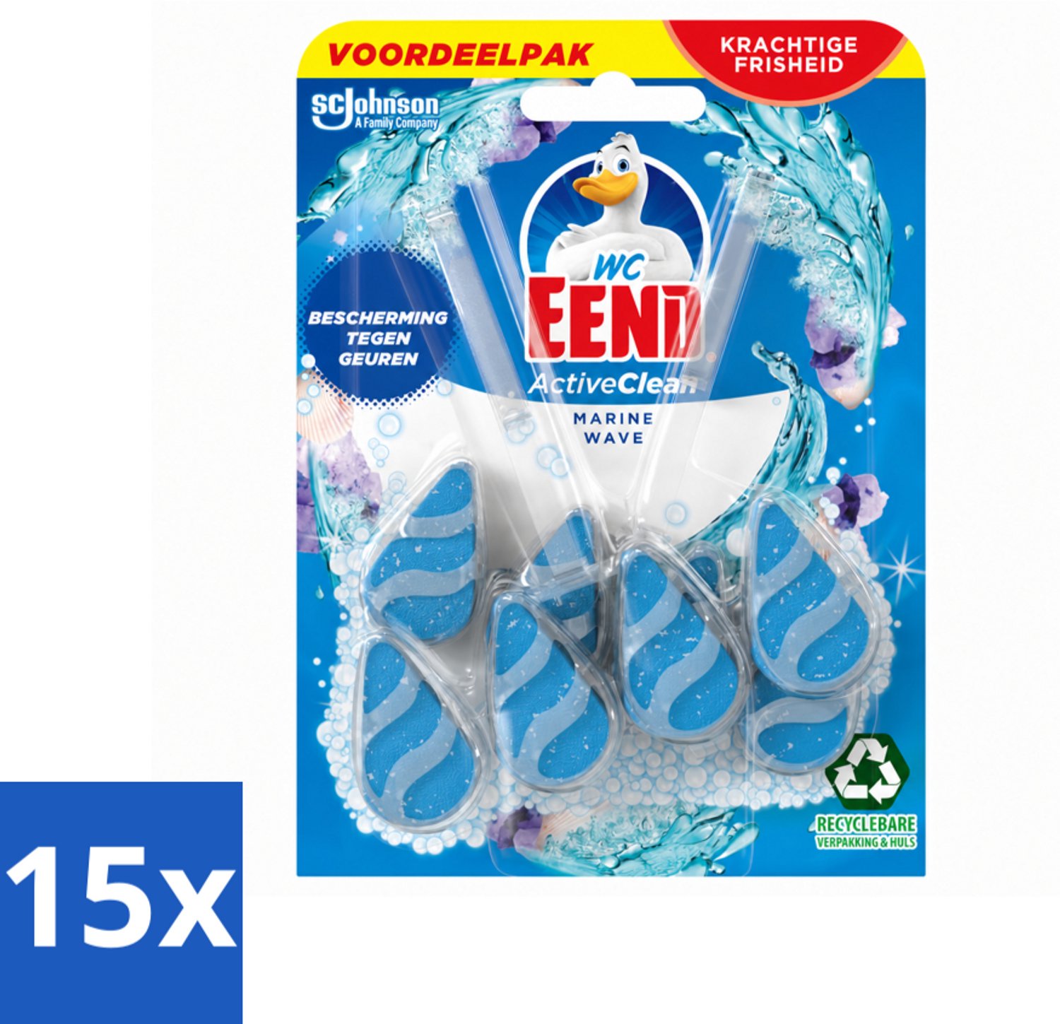 15 x WC Eend - Active Clean Marine - Toiletblok Duopack - Meer Schuim & Frisheid - 2 Toiletblokken - Voordeelverpakking - 15 stuks