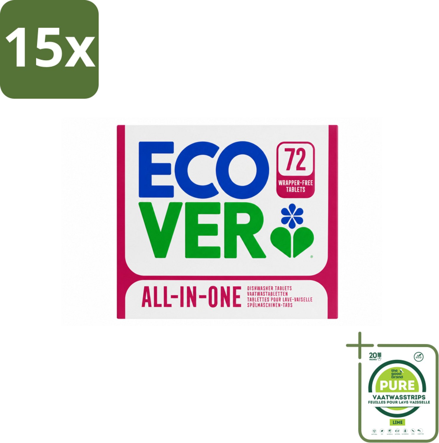 15 x Ecover - Vaatwastabletten All-in-One - Lemon & Mandarin - 72 Tabs - Grootverpakking - Vaatwasstrips - Vaatwastabletten - Natuurlijke Reiniging - Milieuvriendelijke Vaatwas - Citroen En Mandarijn - Plasticvrij