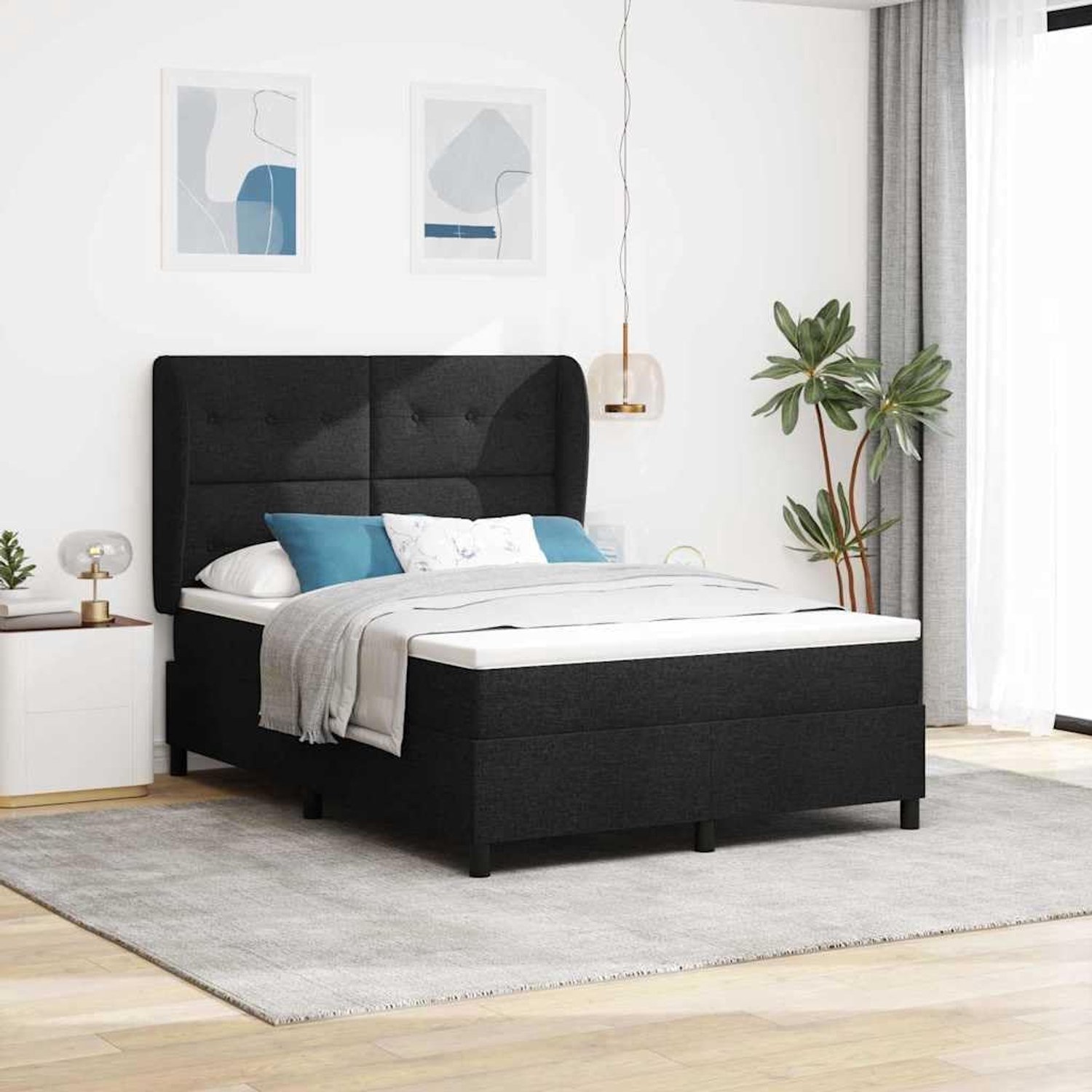 Bed met matras en hoofdeinde Zwart 140 x 200 cm Stof compleet set met en verstelbaar hoofdbord voor moderne slaapkamer
