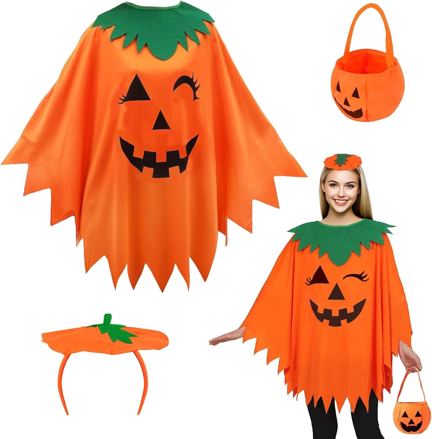 Dames pompoen cape volwassenen pompoen poncho oranje met hoofdtooi en tas voor Halloween, carnaval, verkleedpartij, cosplay party