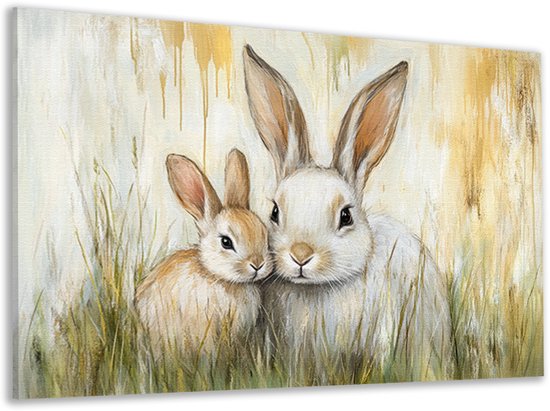 Canvas met twee konijnen in zacht gras, witte en bruine vacht, geschilderde stijl met warme gele accenten.