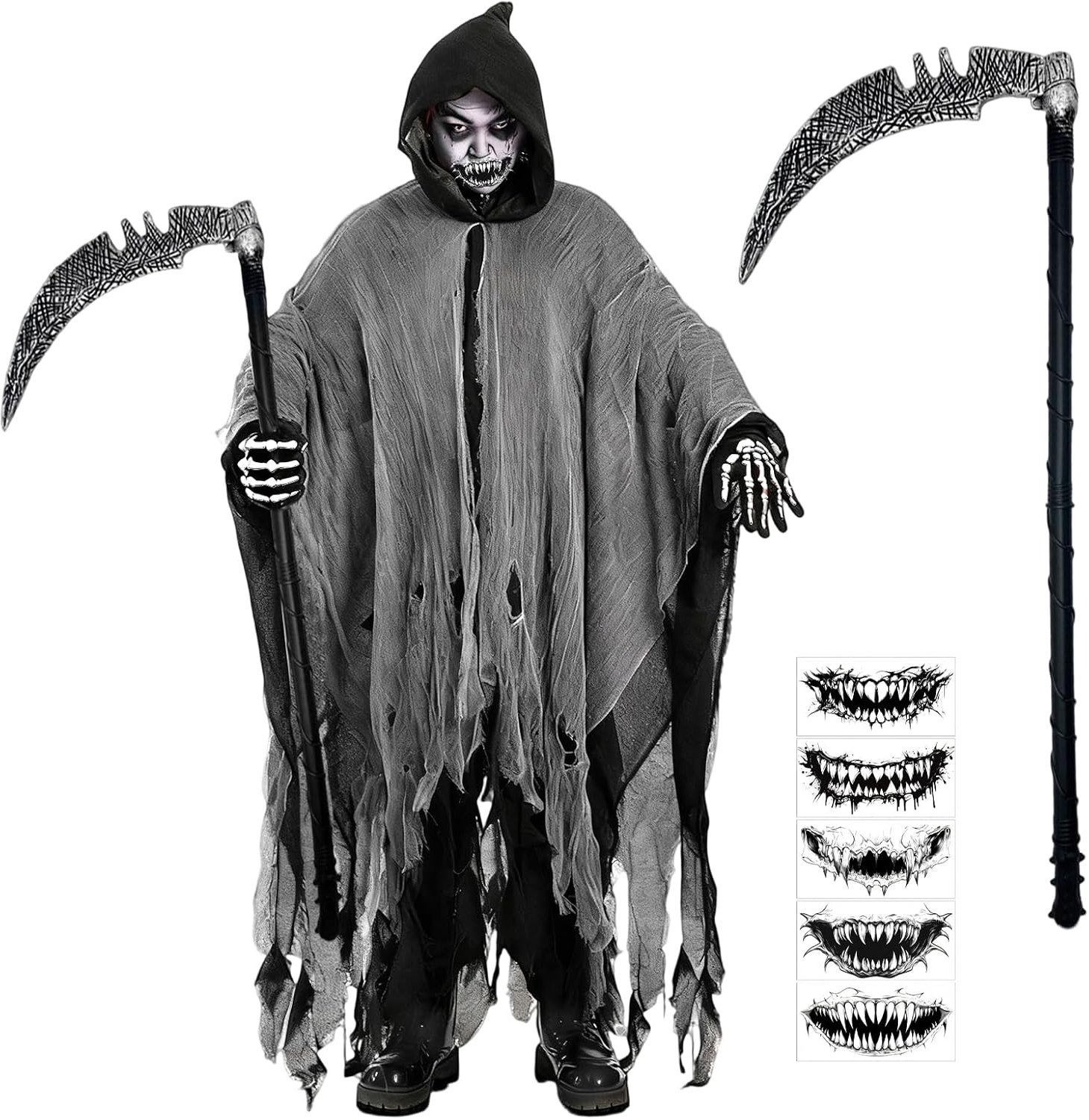 Sensenmann Reaper kostuum voor volwassenen, set met Magere Hein Cape Sense Sticker Grim Reaper kostuum voor Halloween carnaval