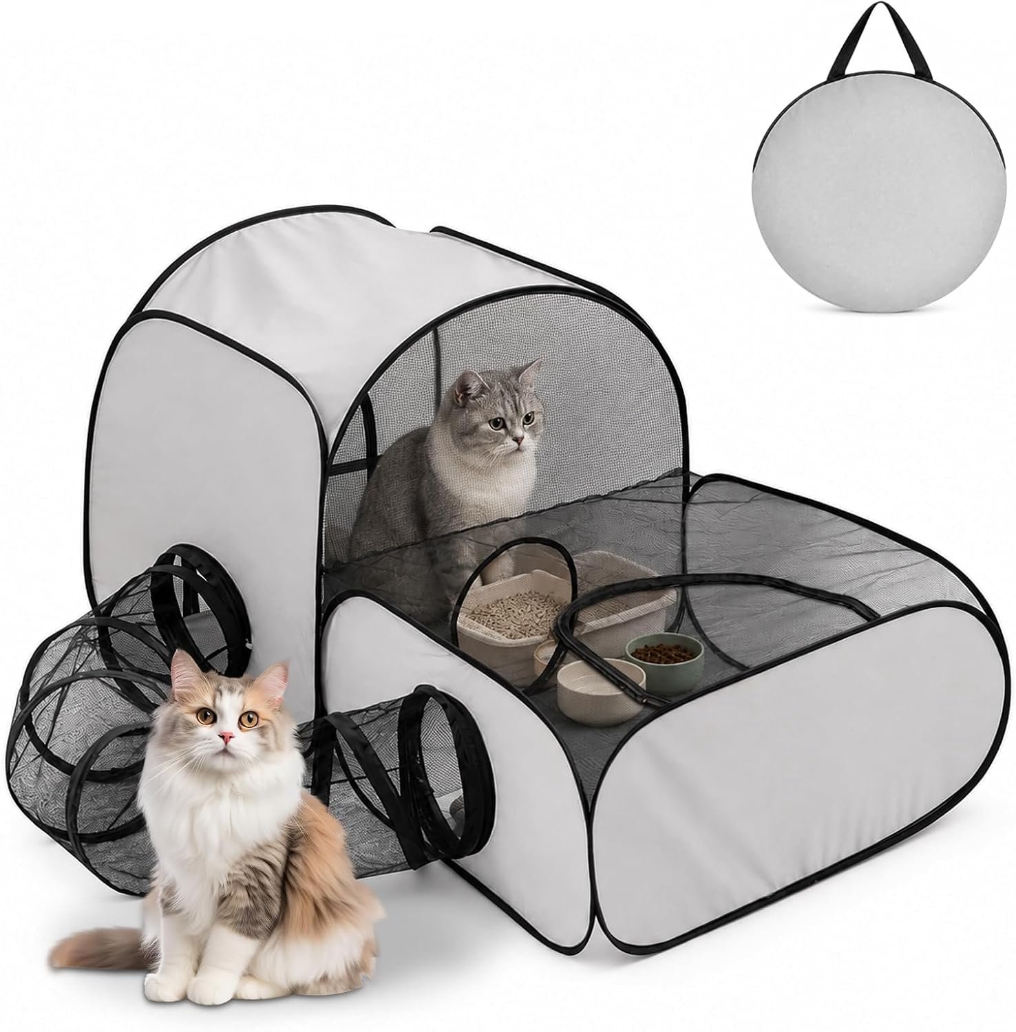 Kattenhok voor buiten, opvouwbaar, kattentent met tunnel, draagbare kattenkooi, kattenbox met panorama-netdesign, werpbox voor katten, vrijloopren voor kleine dieren, kleine honden, konijnen (L)