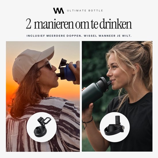 Twee personen drinken uit een VANN-fles met verschillende doptypes, inclusief details over verwisselbare doppen.