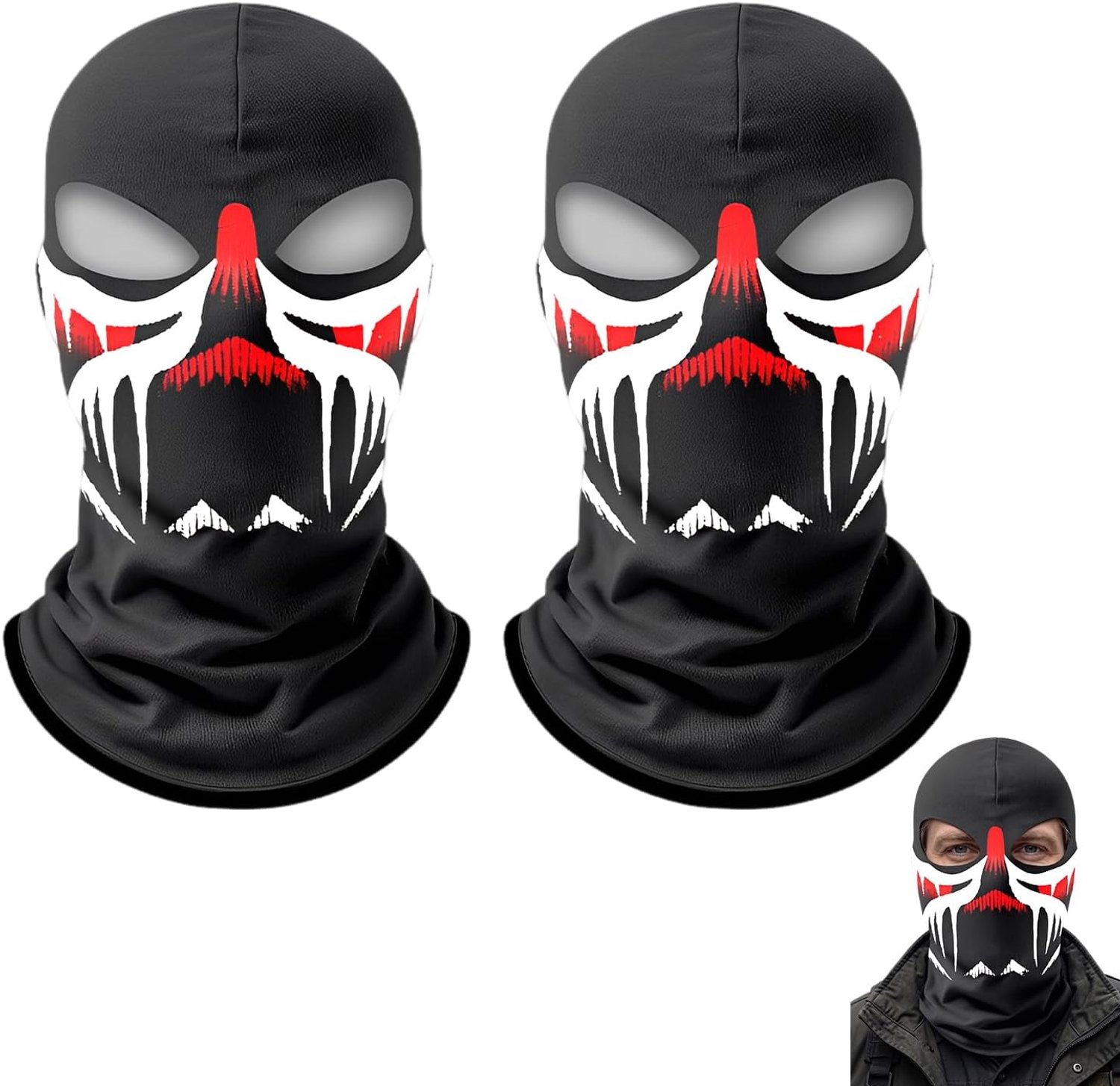 2 stuks rood-wit bloederige tand skelet bivakmuts met horror print – elastische ijszijde gezichtsmasker unisex, ademend en sneldrogend, voor motor, outdoor, Halloween en cosplay