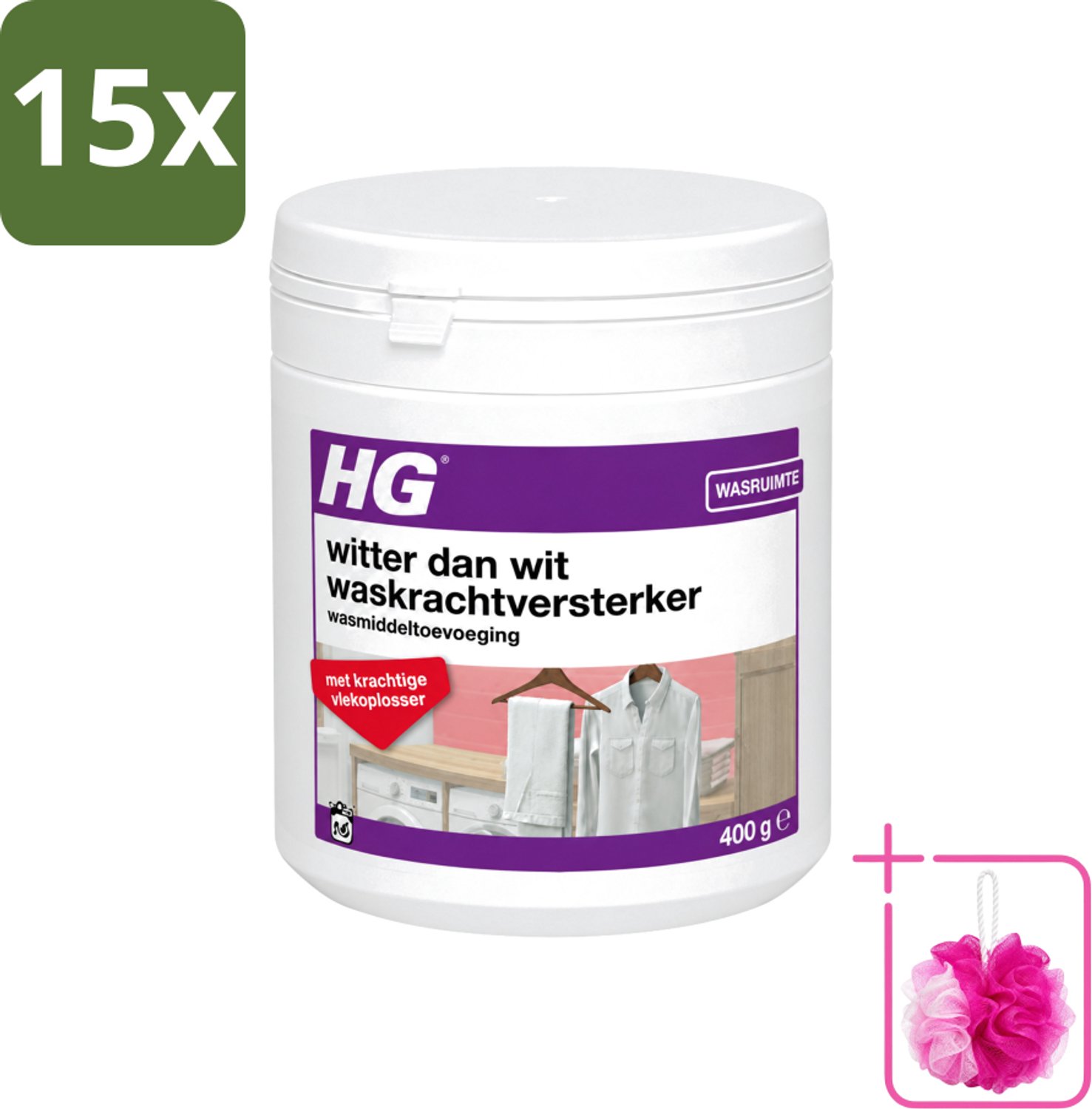 15 x HG - Wasruimte - Witter Dan Wit - Wasmiddeltoevoeging - 400 g - Bulkverpakking - Wit textiel - Douchemop - Wasmiddel