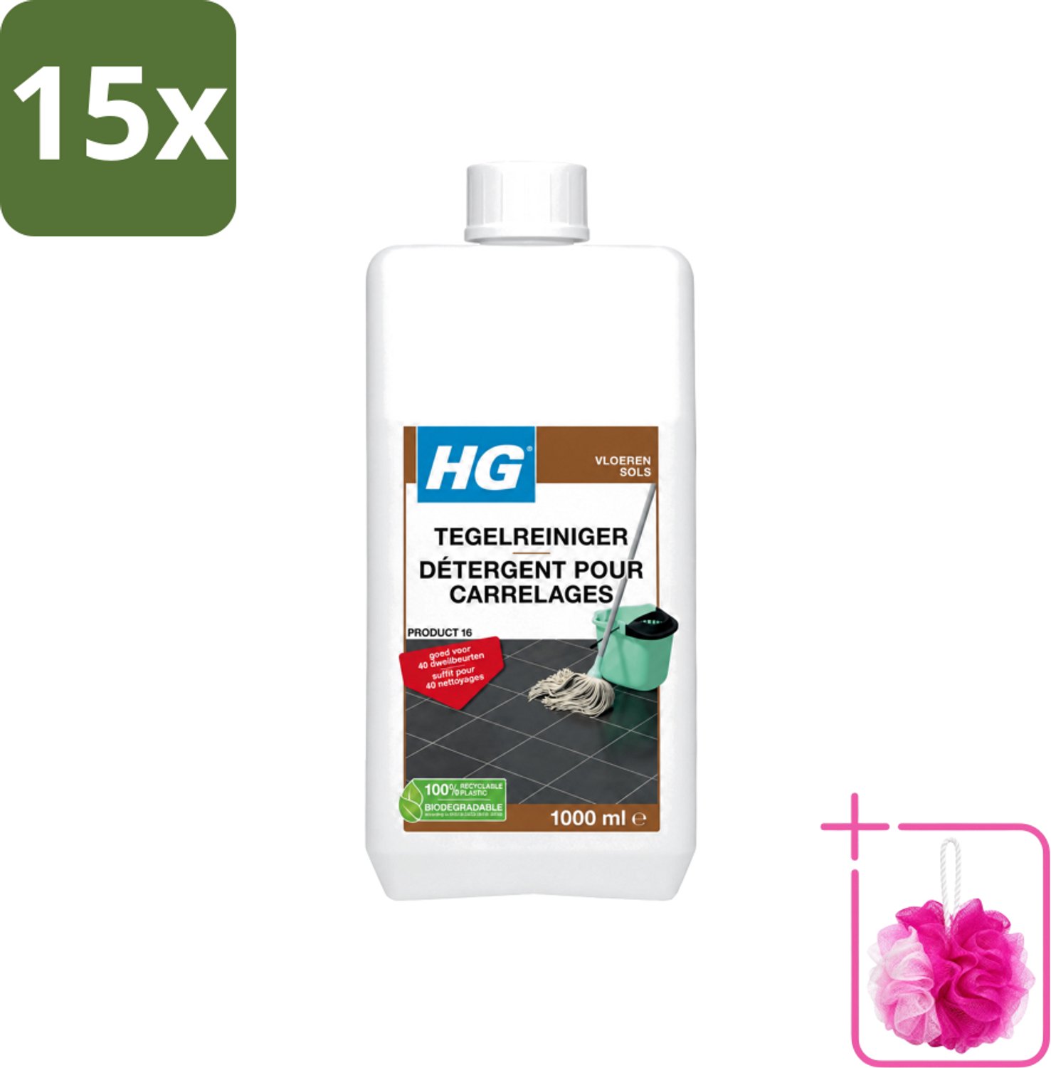 15 x HG - Vloeren - Tegelreiniger - 40 Dweilbeurten - 1L - Bulkverpakking - Tegelreiniger - Douchemop - Vloerreiniger