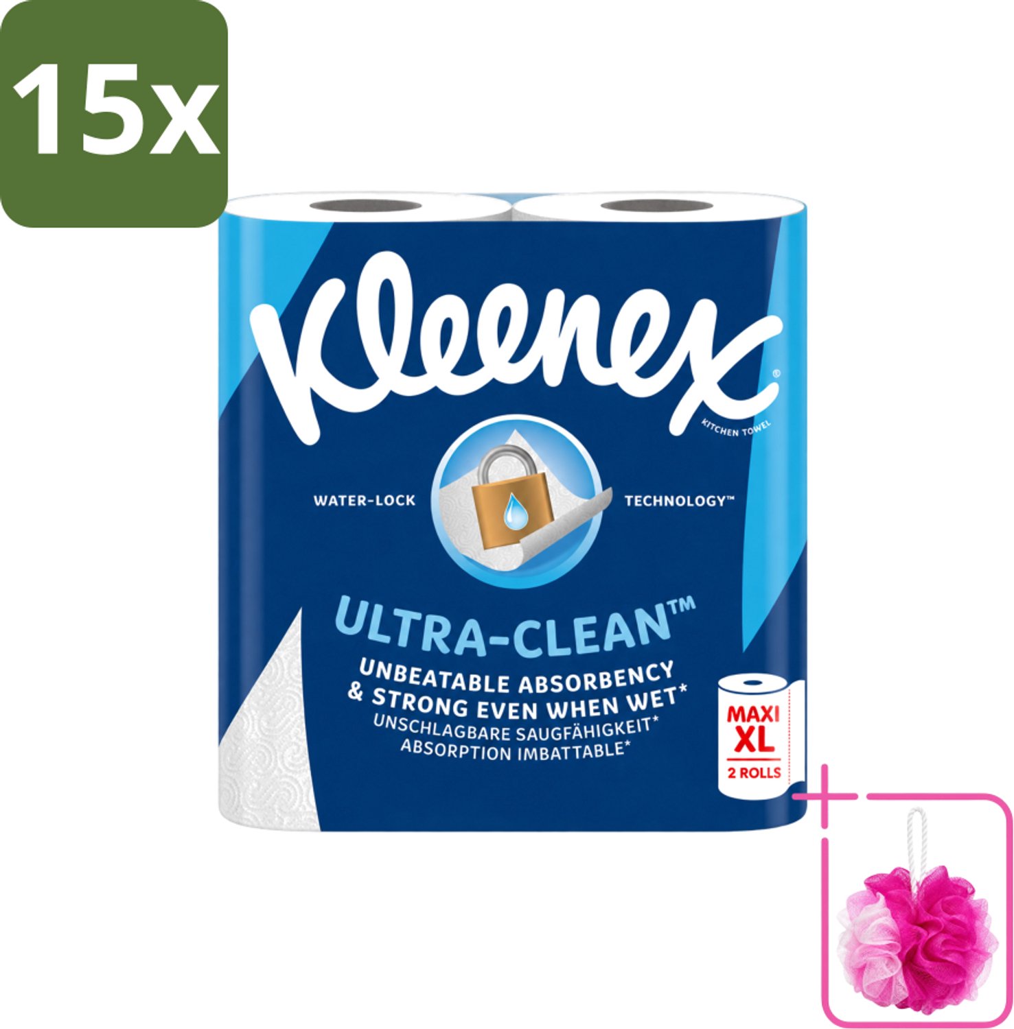 15 x Kleenex - Keukenpapier - Ultra Clean - Maxi XL - Absorberend - 2 Rollen - Bulkverpakking - Kleenex Keukenpapier - Douchemop - Keukenpapier