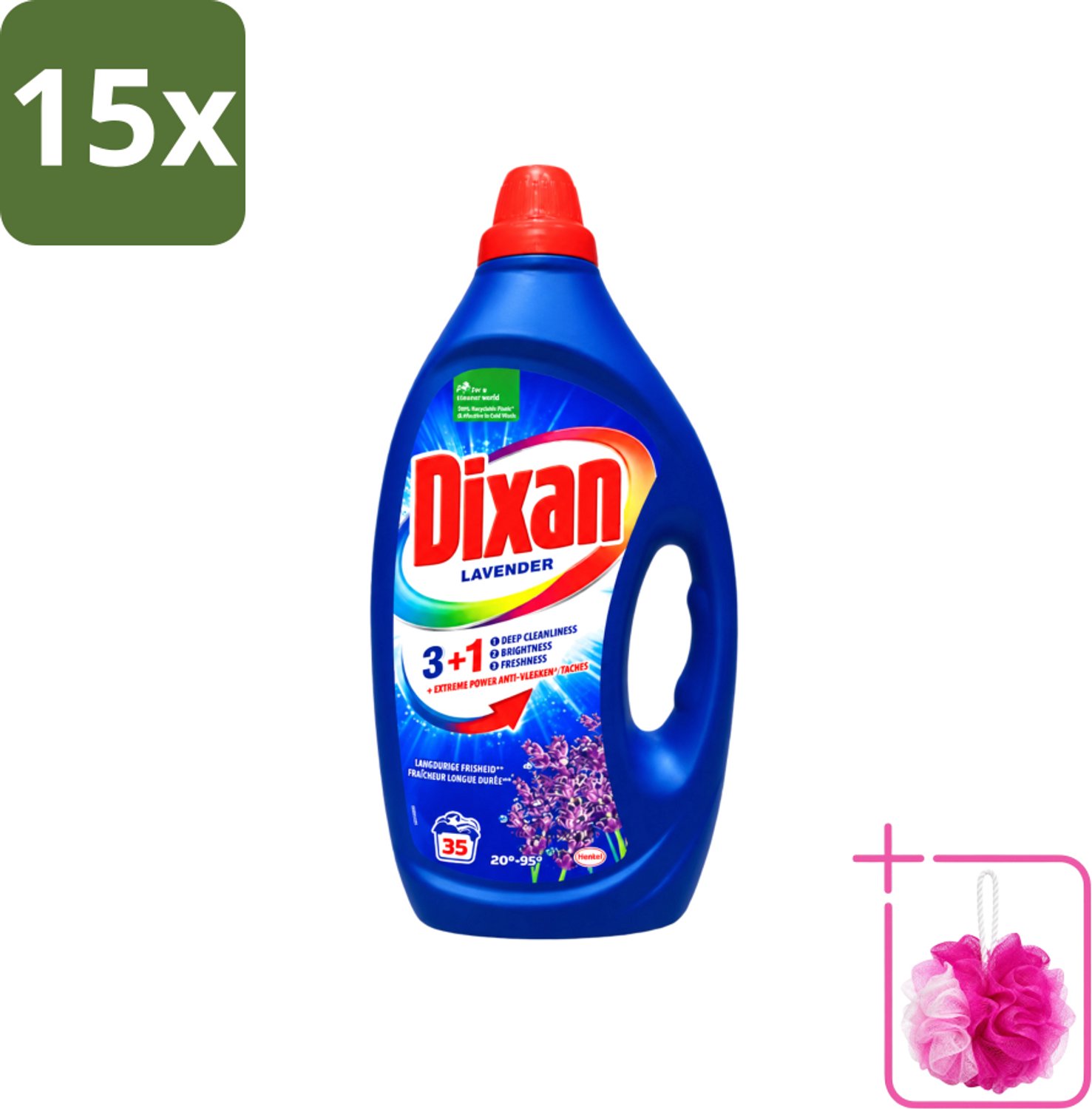 15 x Dixan - Vloeibaar Wasmiddel en Vlekverwijderaar - Witte en Gekleurde Was - Lavendel - 35 Wasbeurten - Bulkverpakking - Vloeibaar wasmiddel - Douchemop - Vlekverwijderaar