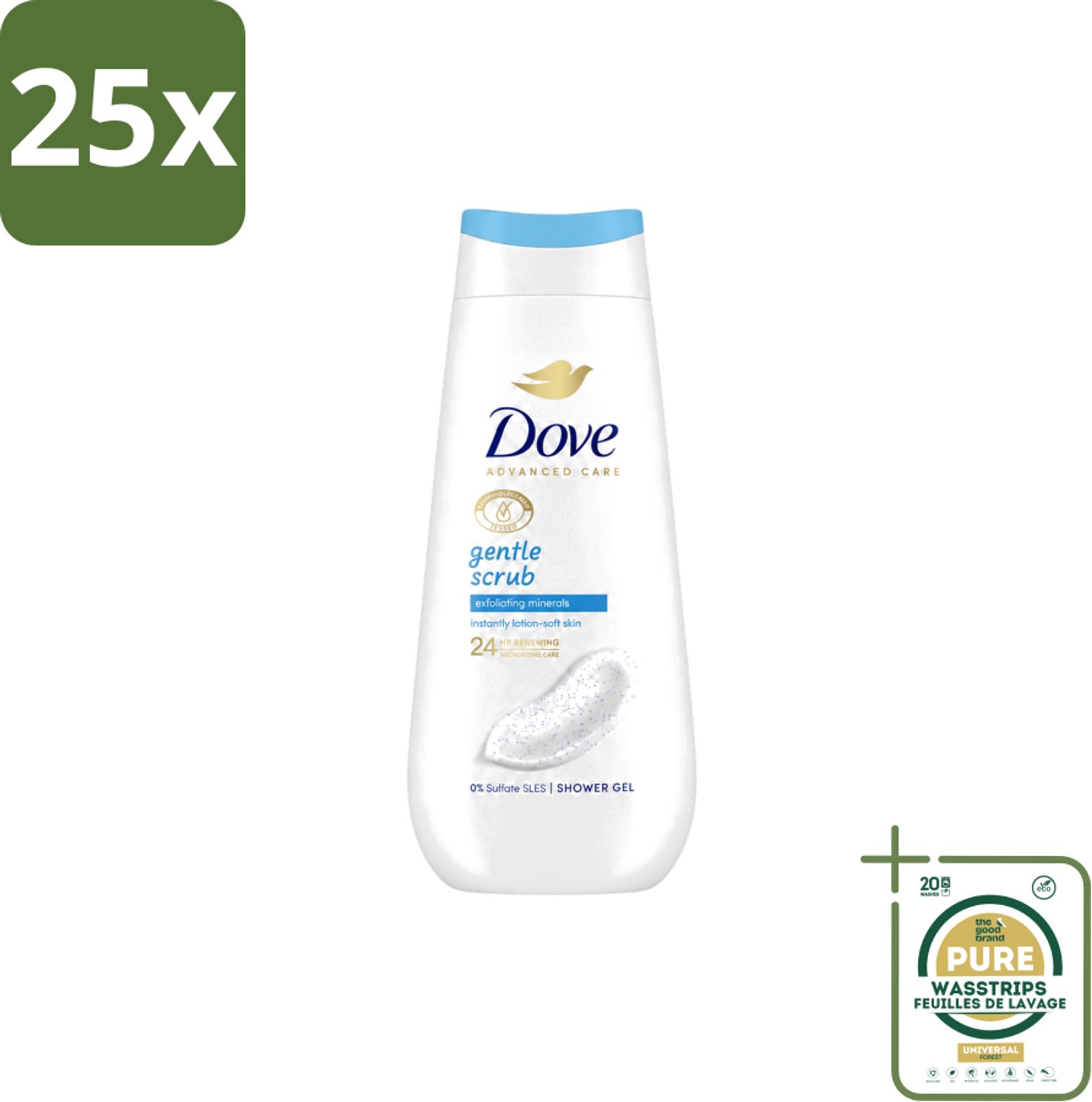 25 x Dove – Douchegel – Advanced Care Gentle Scrub – 225 ml - Wasstrips - Douchegel - Exfoliatie - Huidverzorging - Zachte Douchegel - Schuim