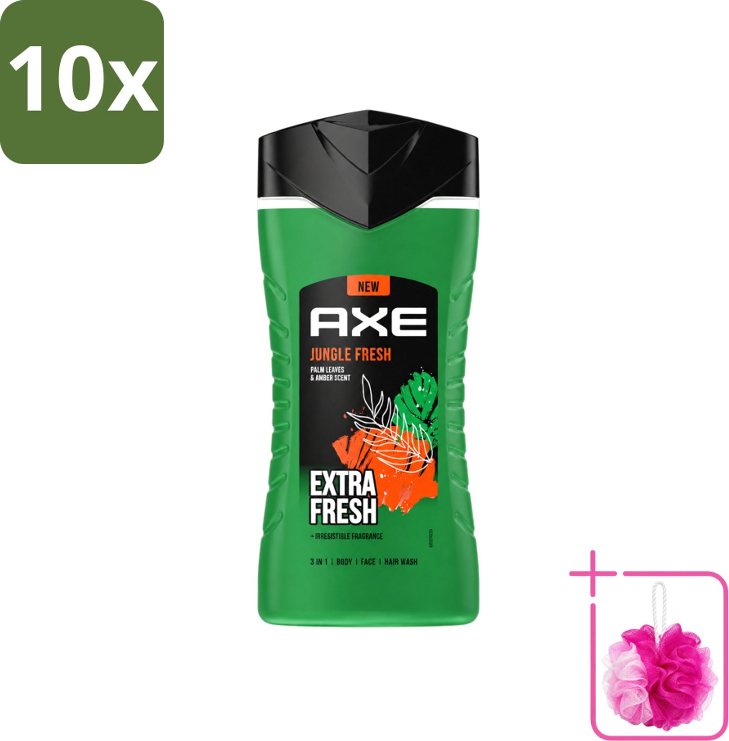 10 x Axe - 3-in-1 Douchegel - Jungle Fresh - Palm Leaves & Amber - Extra Fresh - 250 ml - Bulkverpakking - Douchegel - Douchemop - Lichaam