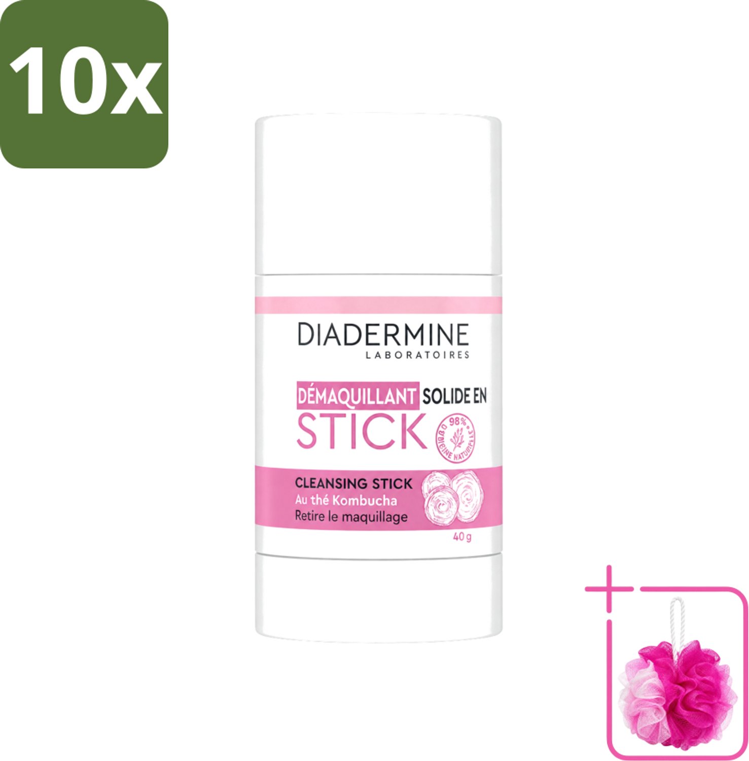 10 x Diadermine - Essential Care - Cleansing Stick - Kombucha - 40g - Bulkverpakking - Huid reinigen - Douchemop - Huid verzorgen