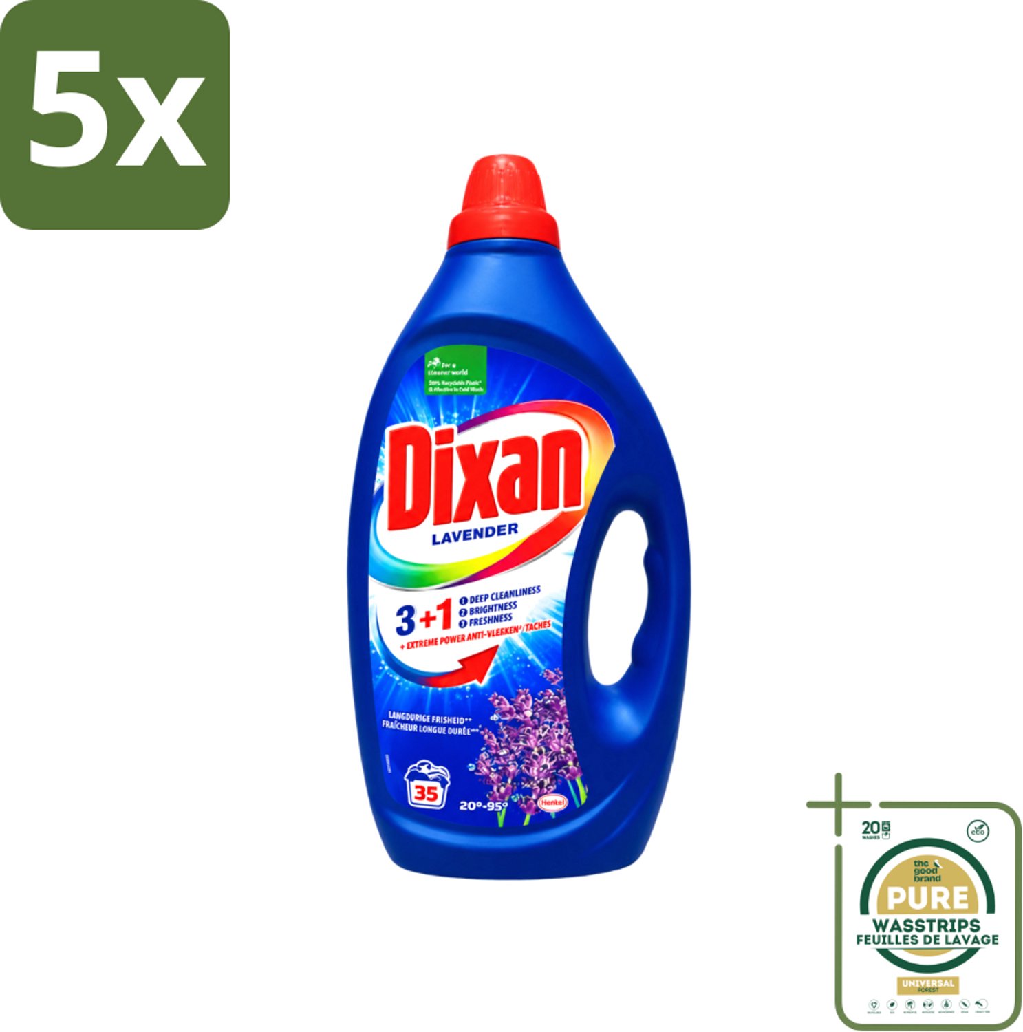 5 x Dixan - Vloeibaar Wasmiddel en Vlekverwijderaar - Witte en Gekleurde Was - Lavendel - 35 Wasbeurten - Wasstrips - Vloeibaar Wasmiddel - Vlekverwijderaar - Wasmiddel Voor Witte En Gekleurde Stoffen - Lavendelgeur - Wasmiddel Voor Kleding