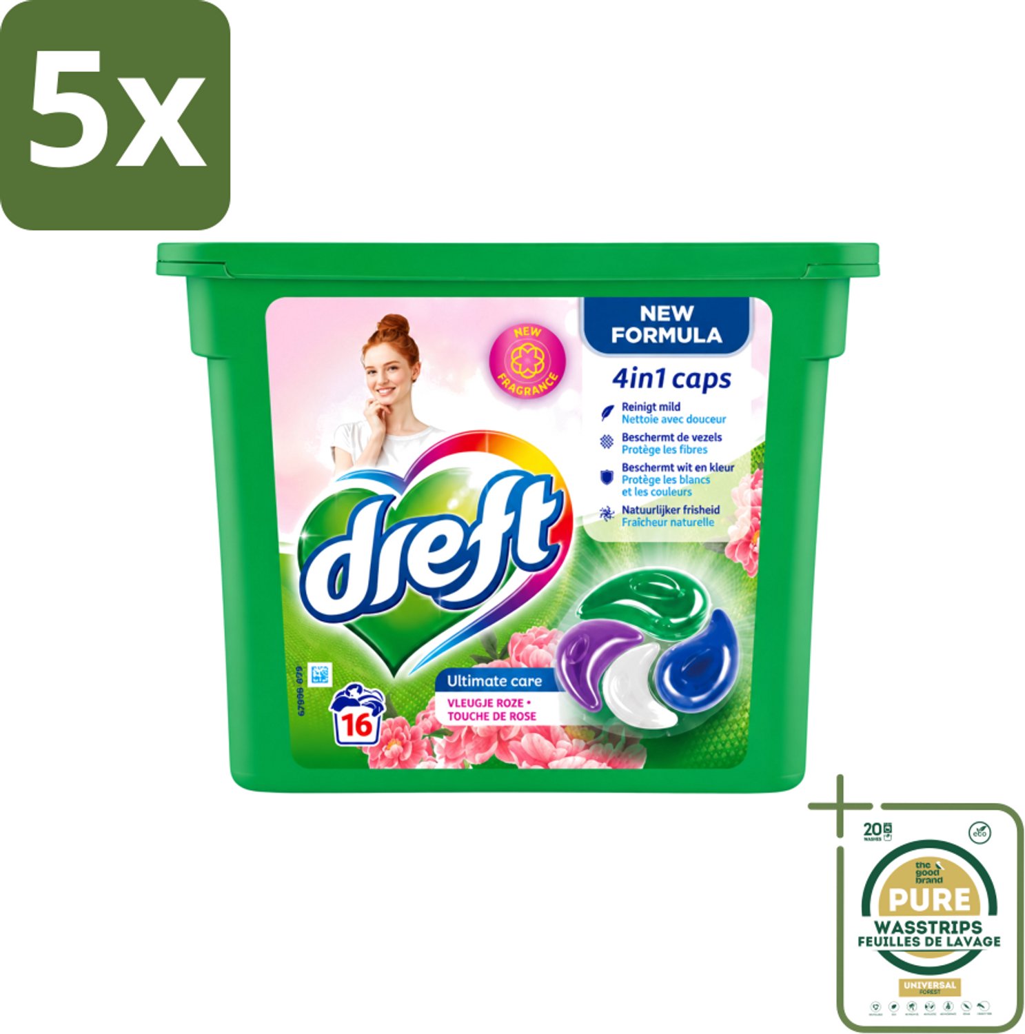 5 x Dreft - Nieuwe Formule - Wasmiddelcapsules 4in1 - Witte en Gekleurde Was - Vleugje Roze - 16 Wasbeurten - Wasstrips - Wasmiddelcapsules - Wasbeurten - Kleurbescherming - Frisheid - Wasgoed