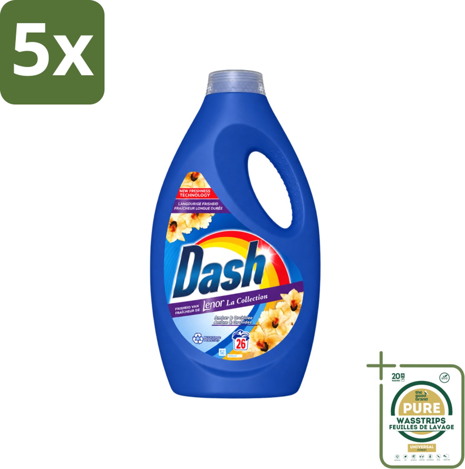 5 x Dash - Lenor Collectie - Vloeibaar Wasmiddel - Witte en Gekleurde Was - Amber & Orchidee - 26 Wasbeurten - Wasstrips - Vloeibaar Wasmiddel - Frisheid - Wasmiddel Amber Orchidee - Wasmiddel Lenor - Wasmiddel Voor Witte En Gekleurde Kleding