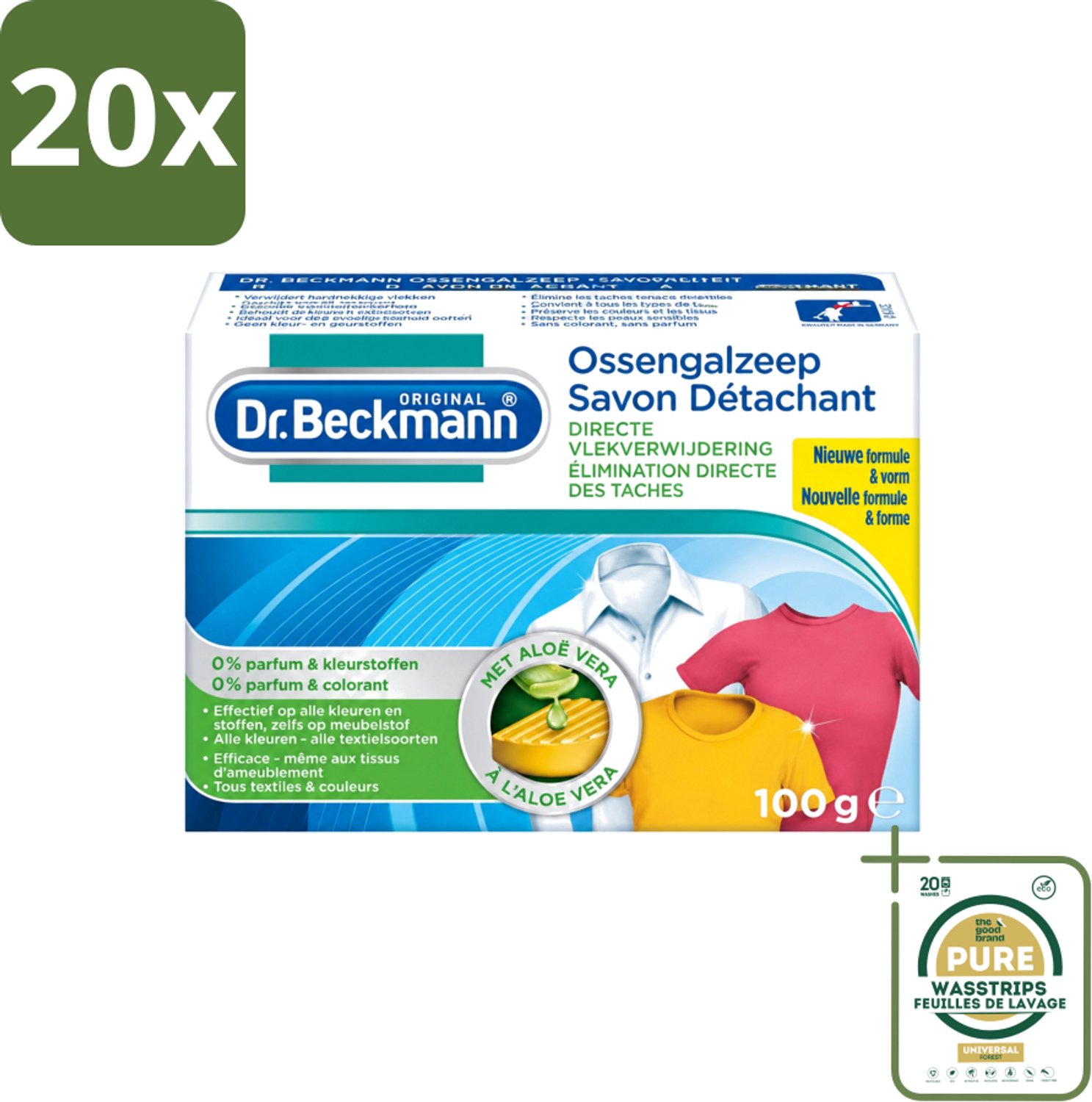 20 x Dr.Beckmann - Vlekkenverwijderaar - Ossengalzeep Met Aloë Vera - Witte en Gekleurde Was - 100g - Wasstrips - Vlekkenverwijderaar - Textiel Reinigen - Tapijt Reinigen - Meubel Reinigen - Aloë Vera