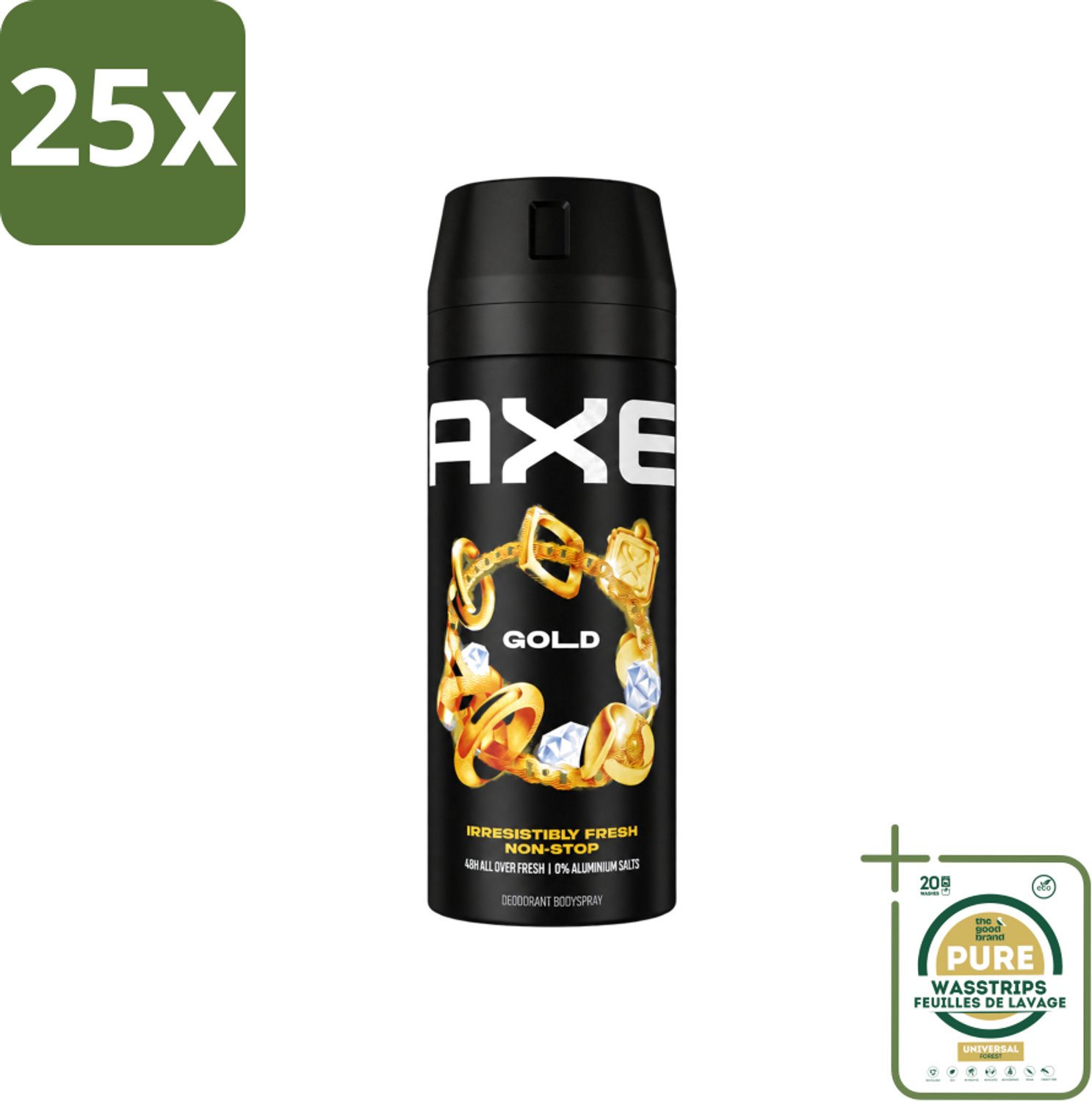 25 x Axe - Deodorant Bodyspray - 48hrs Fresh - Gold - Oud Wood & Fresh Vanilla - 150 ml - Wasstrips - 48 Uur Geurbeleid - Deodorant Bodyspray - Oud Hout Geur - Donker Vanille - Geurbestrijdende Zinktechnologie