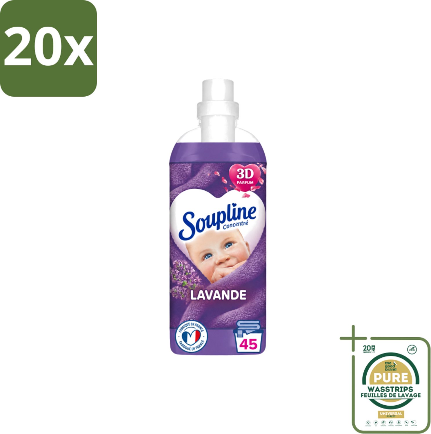 20 x Soupline - Wasverzachter - Lavendel - 45 Wasbeurten - 1L - Wasstrips - Wasverzachter - Wasgoed Verzorgen - Wasresultaat - Wasmachine - Wasverzachter Lentebloesem