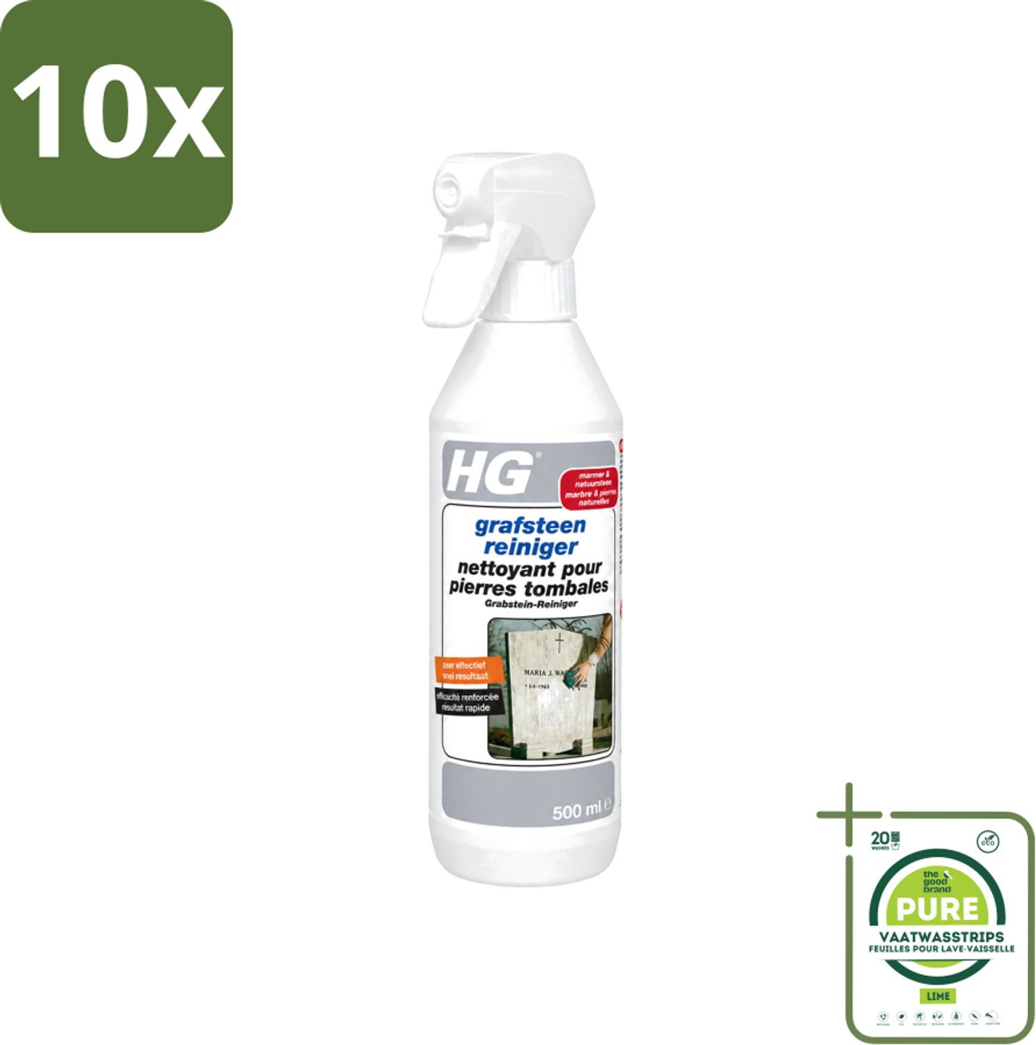 10 x HG - Grafsteenreiniger - Beschermt & Reinigt - 500 ml - Grootverpakking - Vaatwasstrips - Grafsteen Reinigen - Natuursteen Reinigen - Grafsteen Onderhoud - Grafsteen Reiniger - Grafsteen Behandelen