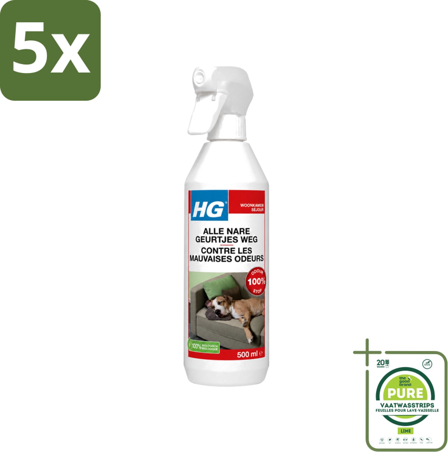 5 x HG - Alle Nare Geurtjes Weg Spray - Elimineert Stankmoleculen - Biologisch - 500 ml - Grootverpakking - Vaatwasstrips - Geur Stopper - Stankverwijderaar - Geurverwijderaar - Natuurlijke Geurverwijderaar - Enzymatische Geurverwijderaar