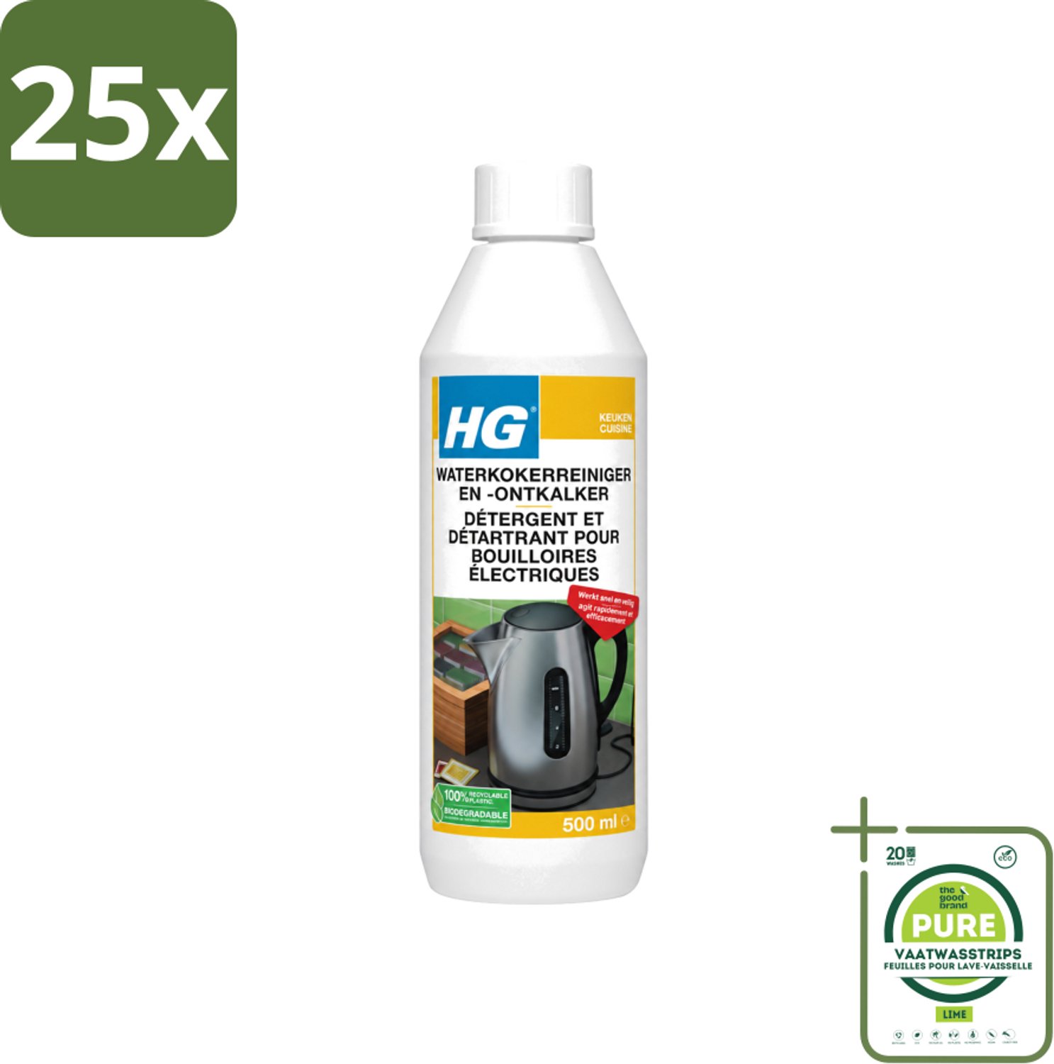 25 x HG - Waterkokerreiniger & Ontkalker - Snel & Veilig Resultaat - 500 ml - Grootverpakking - Vaatwasstrips - Waterkoker Reinigen - Waterkoker Ontkalken - Kalkaanslag Verwijderen - Waterkoker Reinigingsmiddel - Waterkoker Ontstofverwijderen