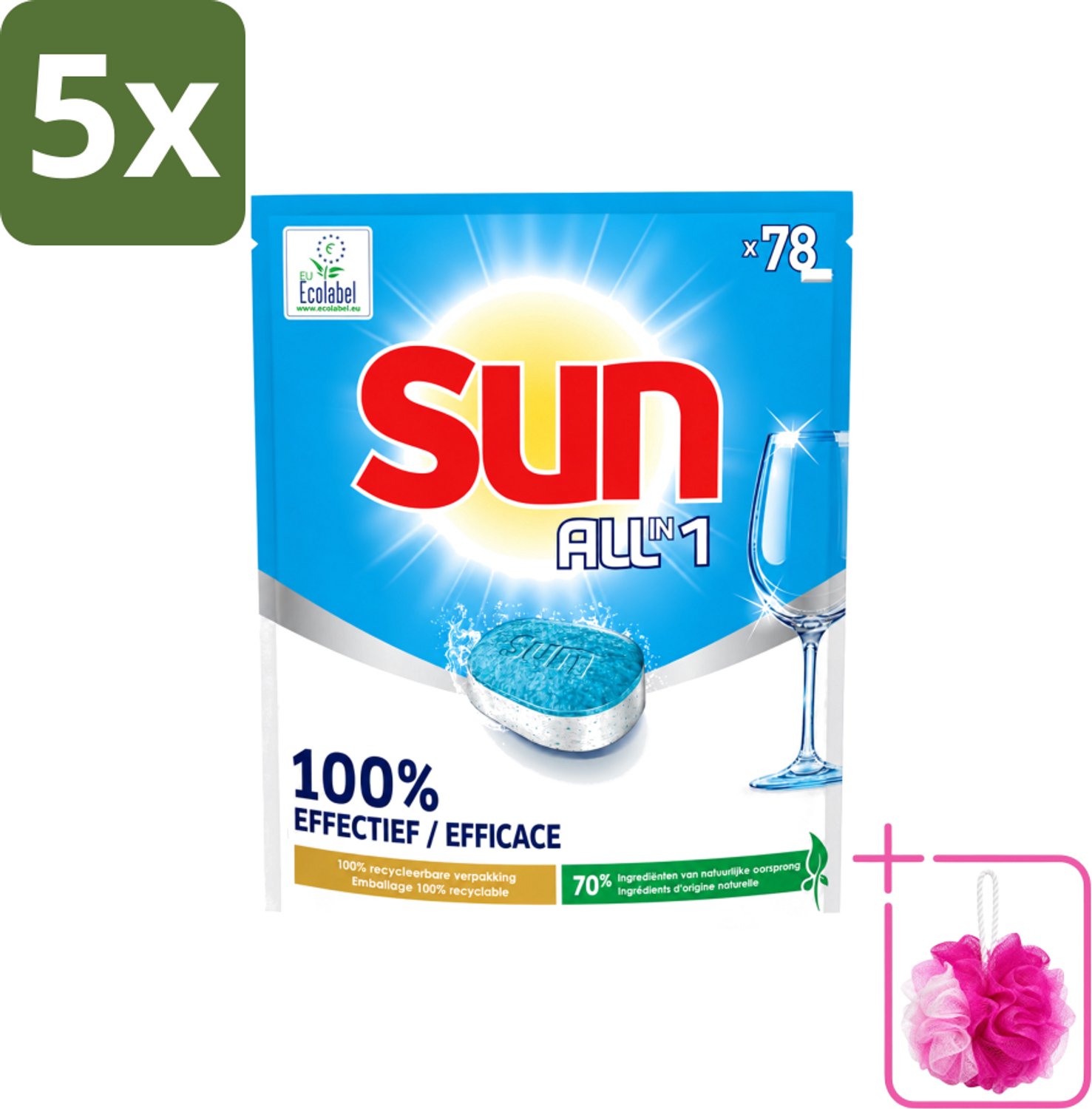 5 x Sun All-in-1 - Eco Label - Vaatwastabletten - 78 Tabletten - Bulkverpakking - Vaatwastabletten - Douchemop - Milieuvriendelijke vaatwas
