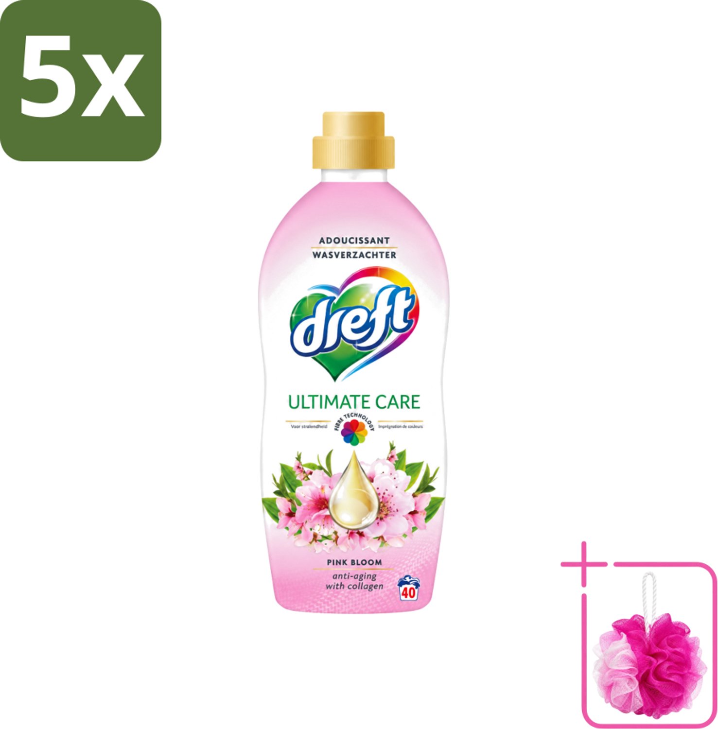5 x Dreft - Ultimate Care - Wasverzachter - Roze Bloem - Anti-Veroudering - 40 Wasbeurten - Bulkverpakking - Wasverzachter - Douchemop - Anti-aging