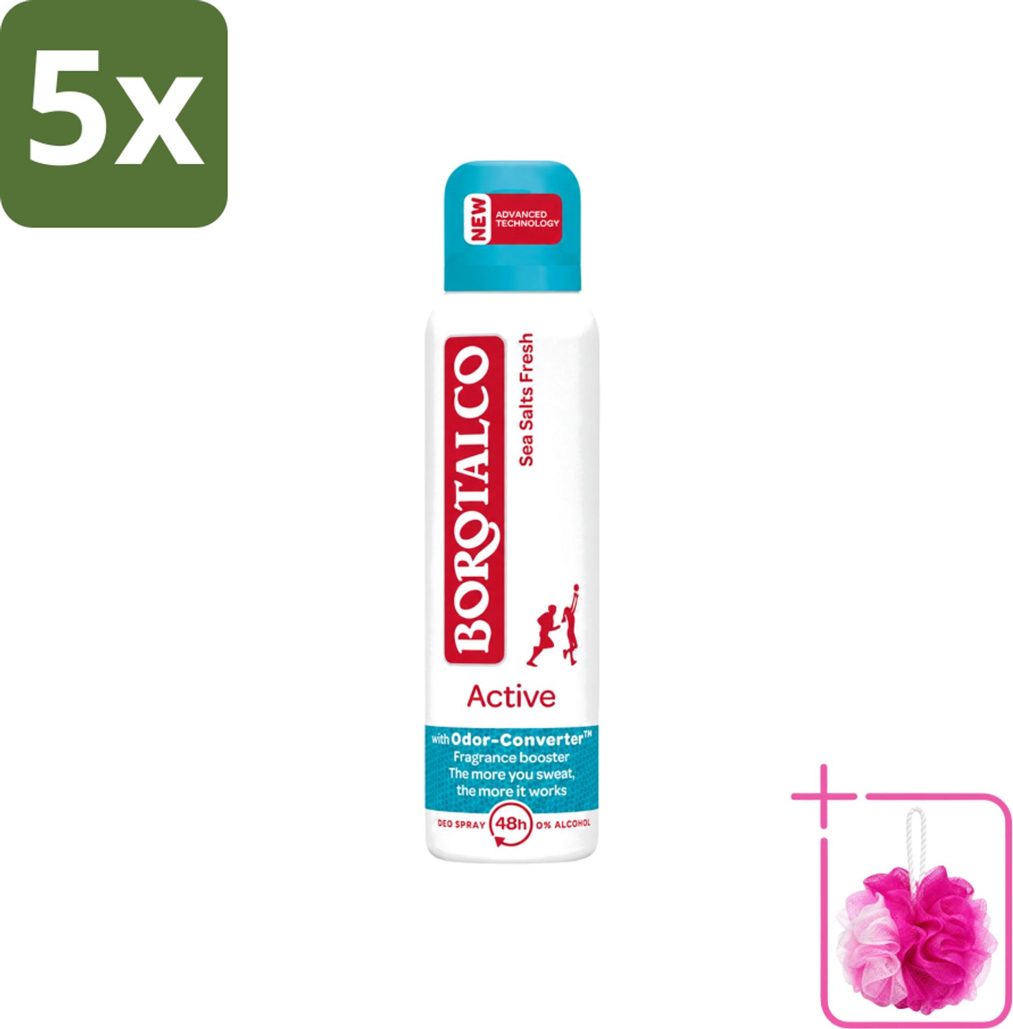 5 x Borotalco - Deodorant Spray - Active - Sea Salts Fresh - 0% Alcohol - 150 ml - Bulkverpakking - Zweetgeur bestrijding - Douchemop - Zeezout geur
