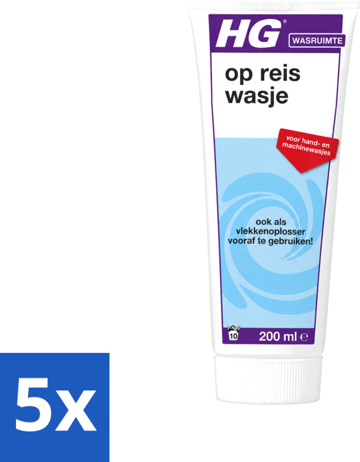 5 x HG - Wasruimte - Op-Reis-Wasje - Voor Hand & Machine Wasjes - 200 ml - Voordeelverpakking - 5 stuks