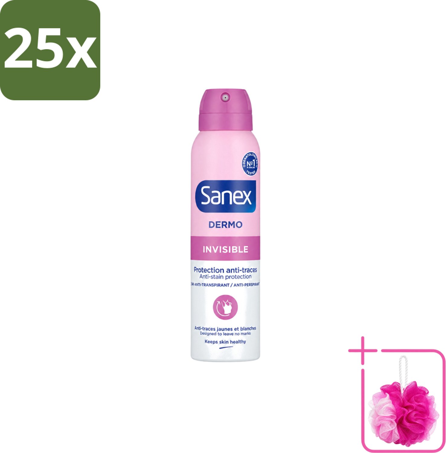 25 x Sanex – Deodorant Spray – Dermo Invisible – 150 ml - Bulkverpakking - Onzezichtbare deodorant - Douchemop - Deodorant spray