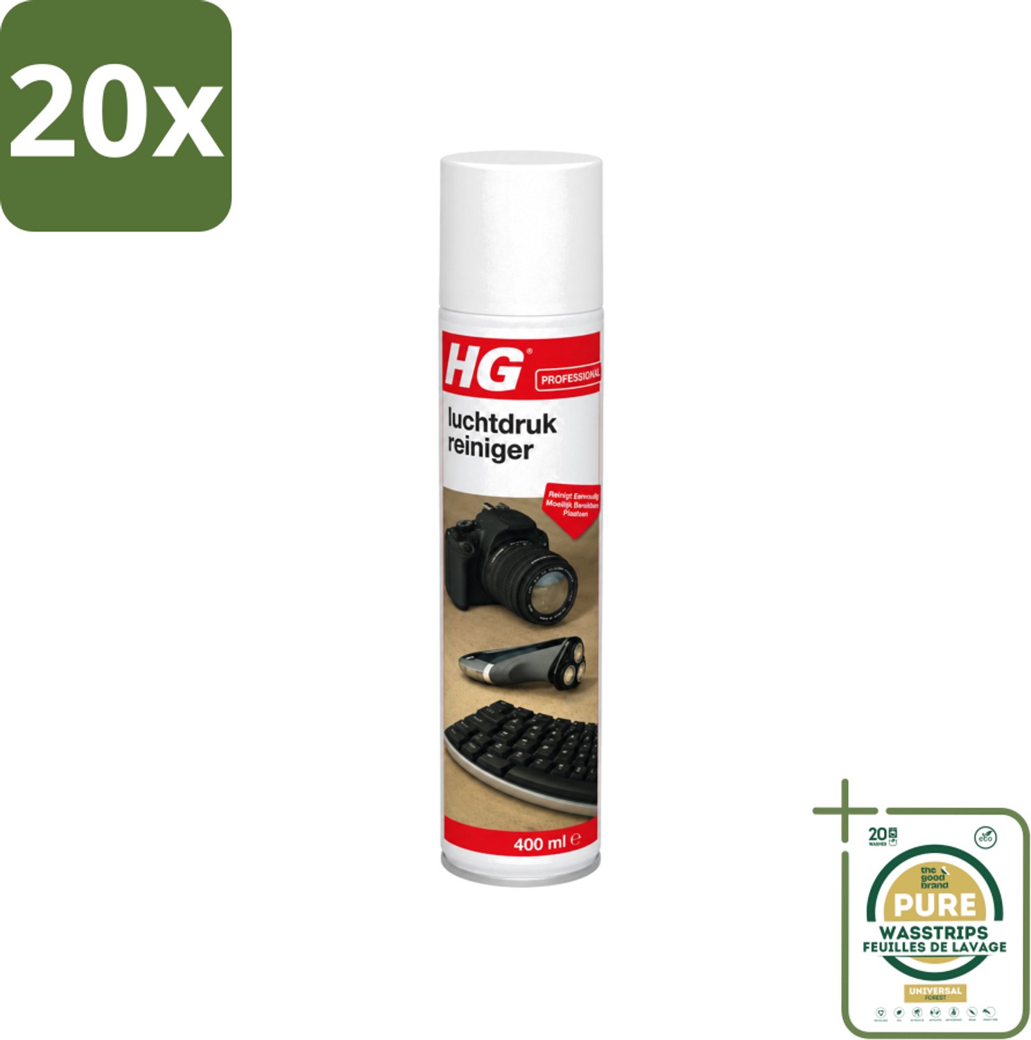 20 x HG - Luchtdrukreiniger - Reinigt Eenvoudig Moeilijk Bereikbare Plaatsen - 400 ml - Wasstrips - Luchtdrukreiniger - Stof Verwijderen - Losse Vervuiling - Toetsenbord Reinigen - Printer Reinigen
