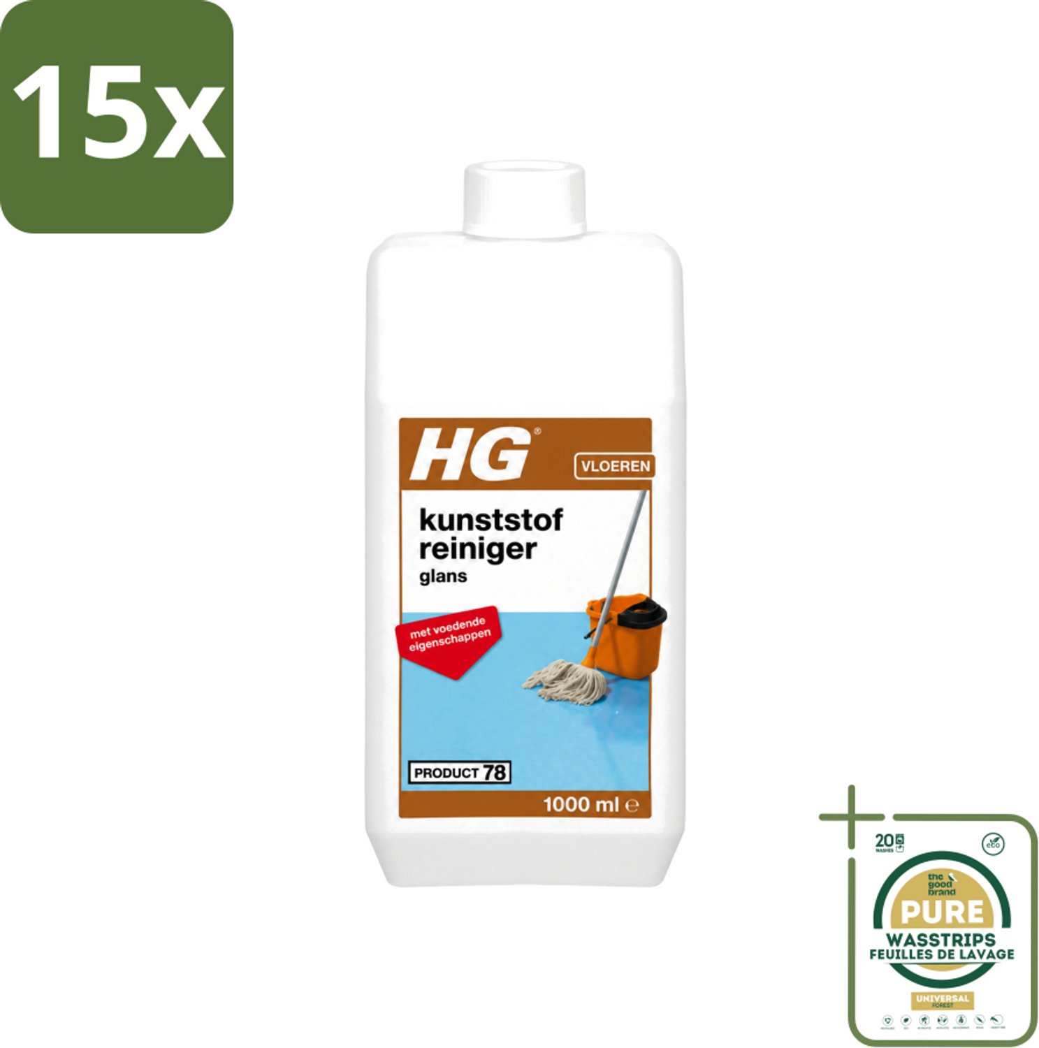 15 x HG - Kunststofreiniger Glans - Met Voedende Eigenschappen - 20 Dweilbeurten - 1L - Wasstrips - Kunststof Reiniger - Glans Reiniger - Kunststof Vloer Reiniger - Voedende Reiniger - Kunststof Vloer Herstellen