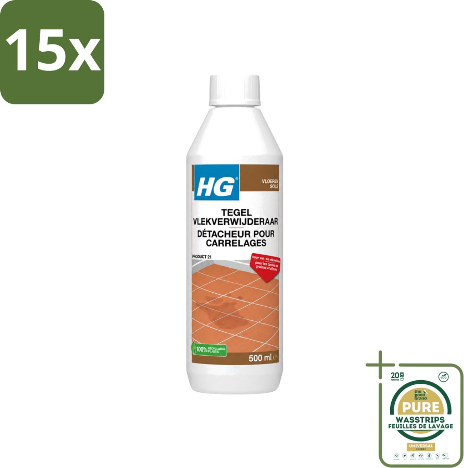 15 x HG - Vloeren - Tegel Vlekverwijderaar - Voor Vet & Olievlekken - 500 ml - Wasstrips - Vlekverwijderaar Tegel - Vetvlek Verwijderen - Olievlek Verwijderen - Vloer Reinigen - Vlekken Verwijderen