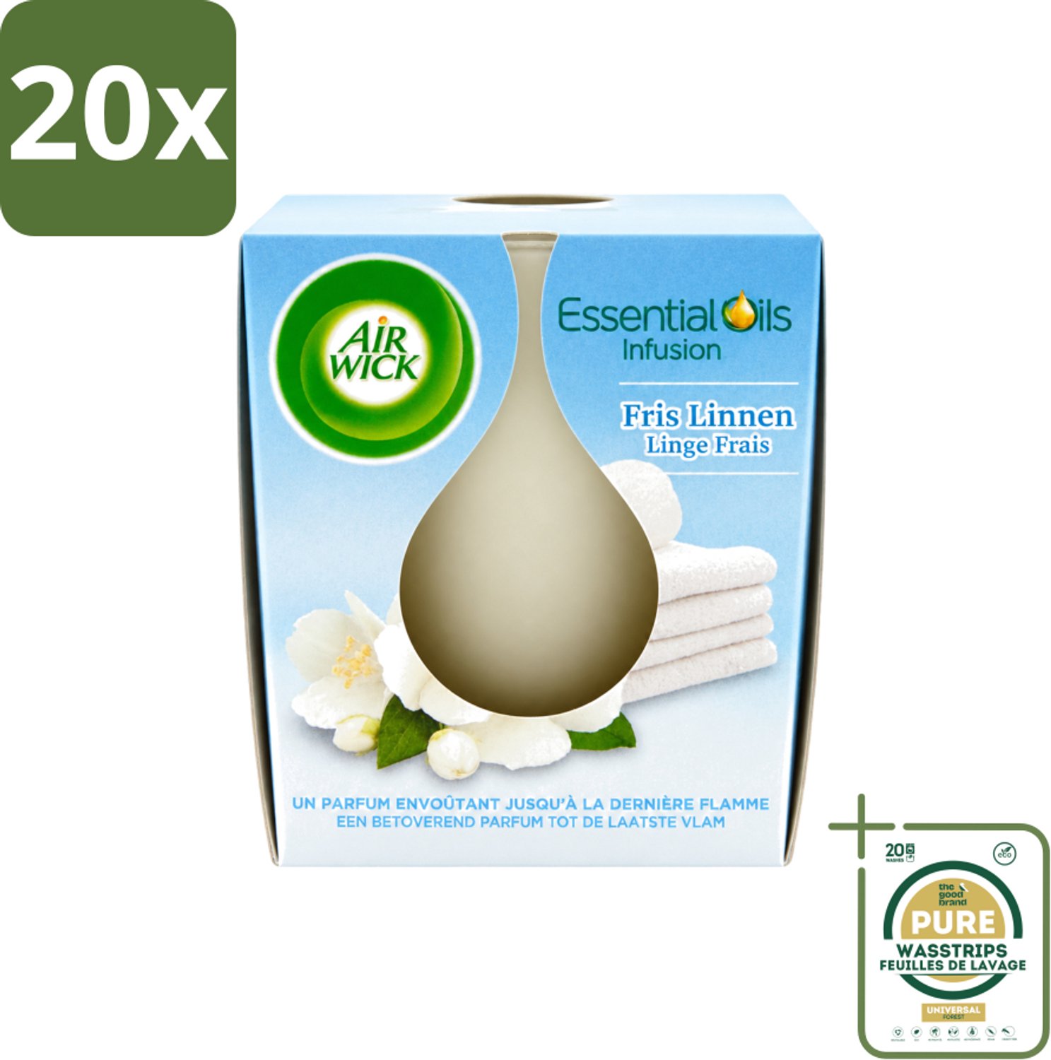 Air Wick 20 x Air Wick – Geurkaars – Fris Linnen met Essentiële Oliën – 105 g - Wasstrips - Geurkaars - Fris Linnen - Essentiële Oliën - Sfeer In Huis - Warme Sfeer Wit