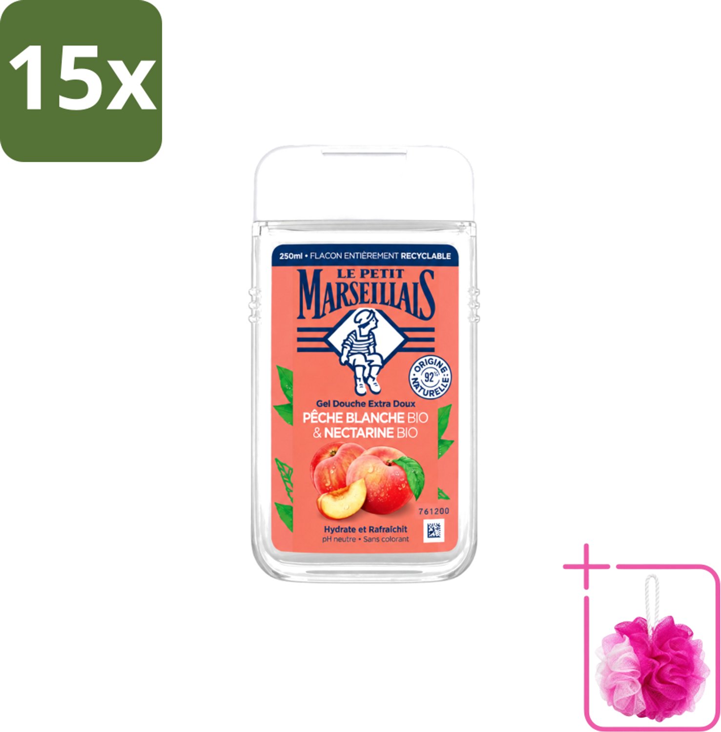 15 x Le Petit Marseillais – Douchegel – Pêche Blanche & Nectarine Bio – 250 ml - Bulkverpakking - Douchegel - Douchemop - Biologische douchegel