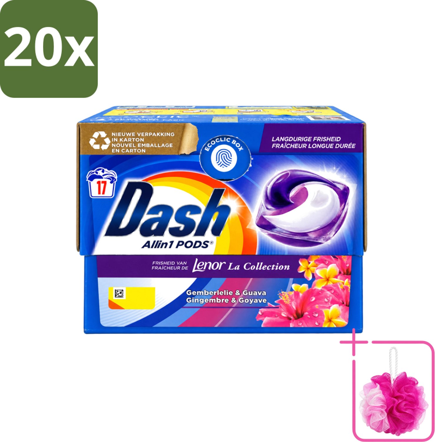 20 x Dash - Lenor Collectie - Wasmiddel Capsules - All-in-1 Pods - Witte en Gekleurde Was - Gemberlelie & Guava - 17 Wasbeurten - Bulkverpakking - Wasmiddel capsules - Douchemop - Wasmiddel pod
