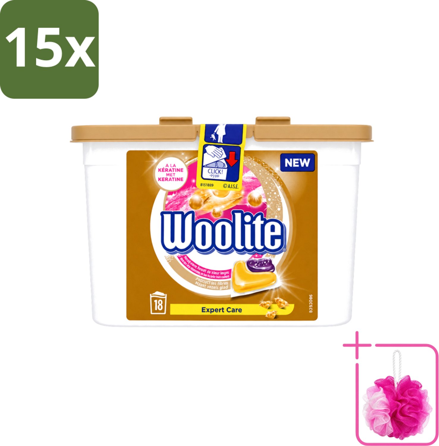 15 x Woolite Expert Care - Wasmiddelcapsules - Met Keratine - Delicate Was - 18 Wasbeurten - Bulkverpakking - Delicate was - Douchemop - Keratine wasmiddel