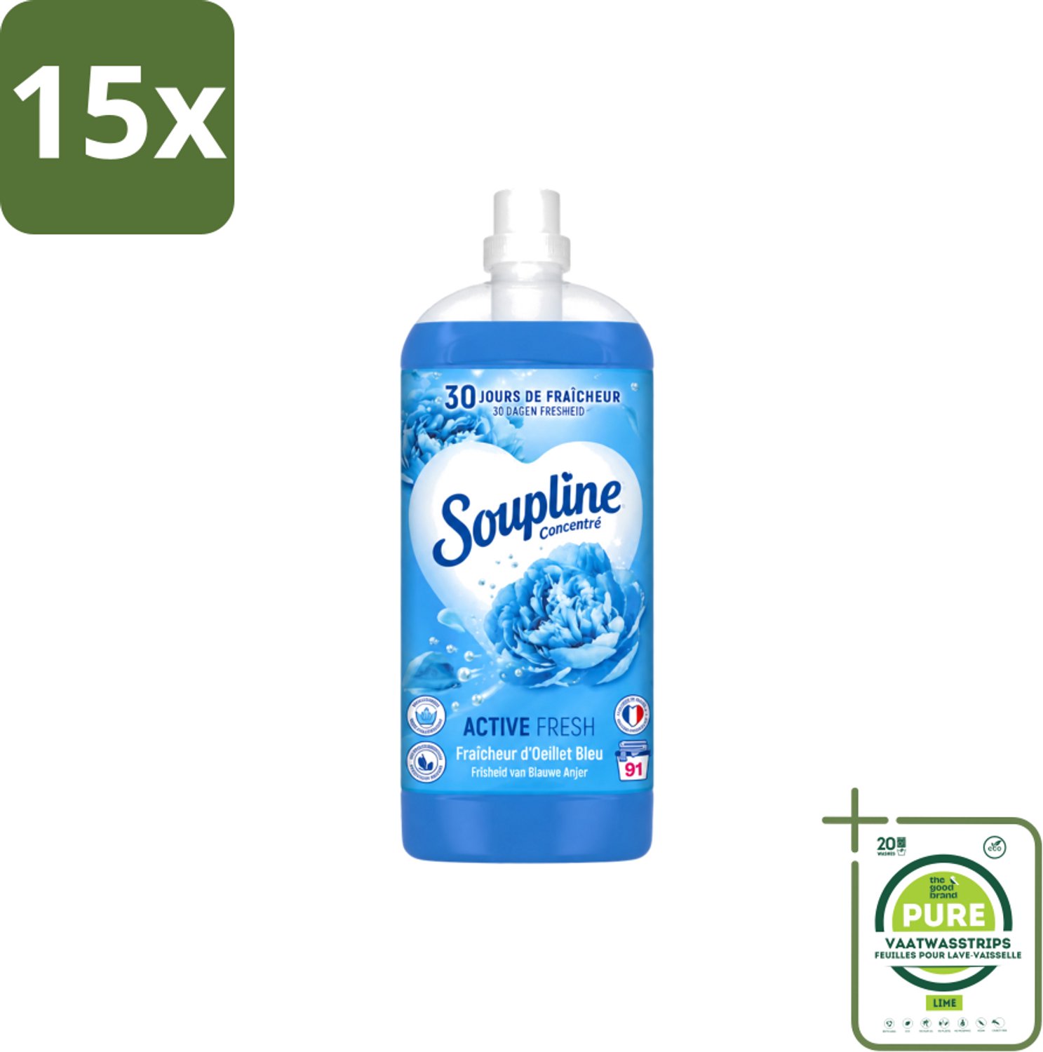 15 x Soupline – Wasverzachter – Active Fresh Frisheid van Blauwe Anjer – 2 L - Grootverpakking - Vaatwasstrips - Wasverzachter - Frisheid - Blauwe Anjer - Wasgoed - Kleding