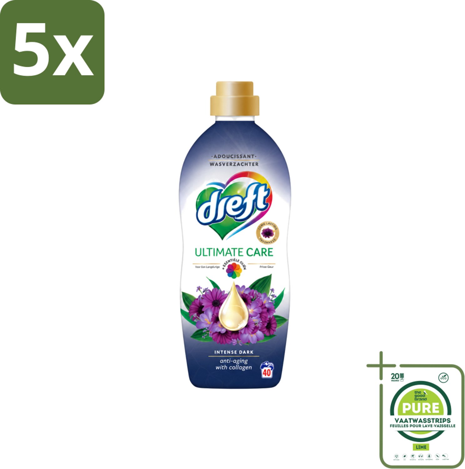 5 x Dreft – Wasverzachter – Ultimate Care Intense Dark – 40 Wasbeurten - Grootverpakking - Vaatwasstrips - Wasverzachter - Kleurbescherming - Collageen - Wasgoed Verzorgen - Anti-aging Was