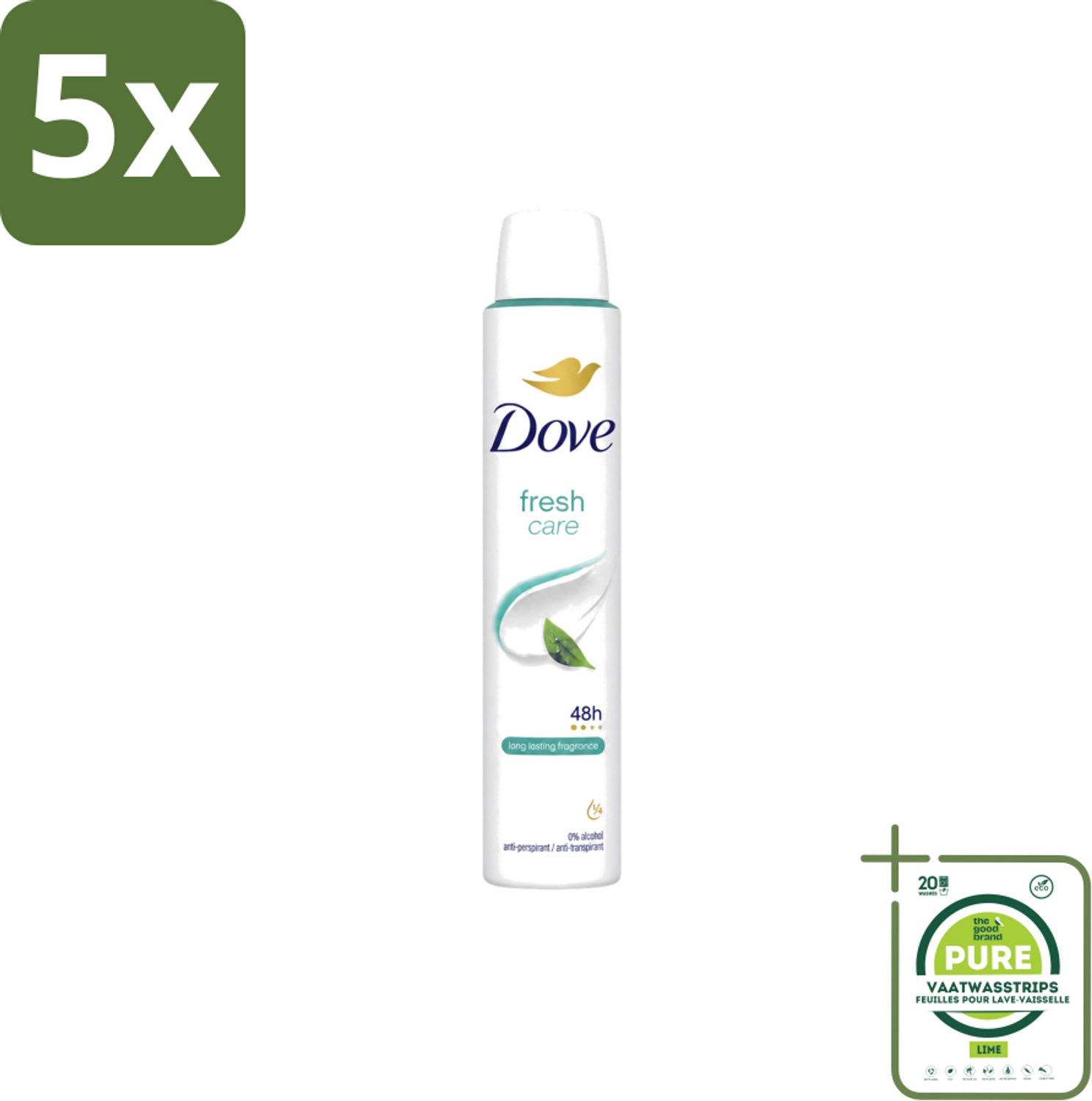 5 x Dove – Deodorant Spray – Fresh Care – 200 ml - Grootverpakking - Vaatwasstrips - Anti-transpirant Spray - Zweetvermindering - Geurvermindering - Fris - Okselverzorging
