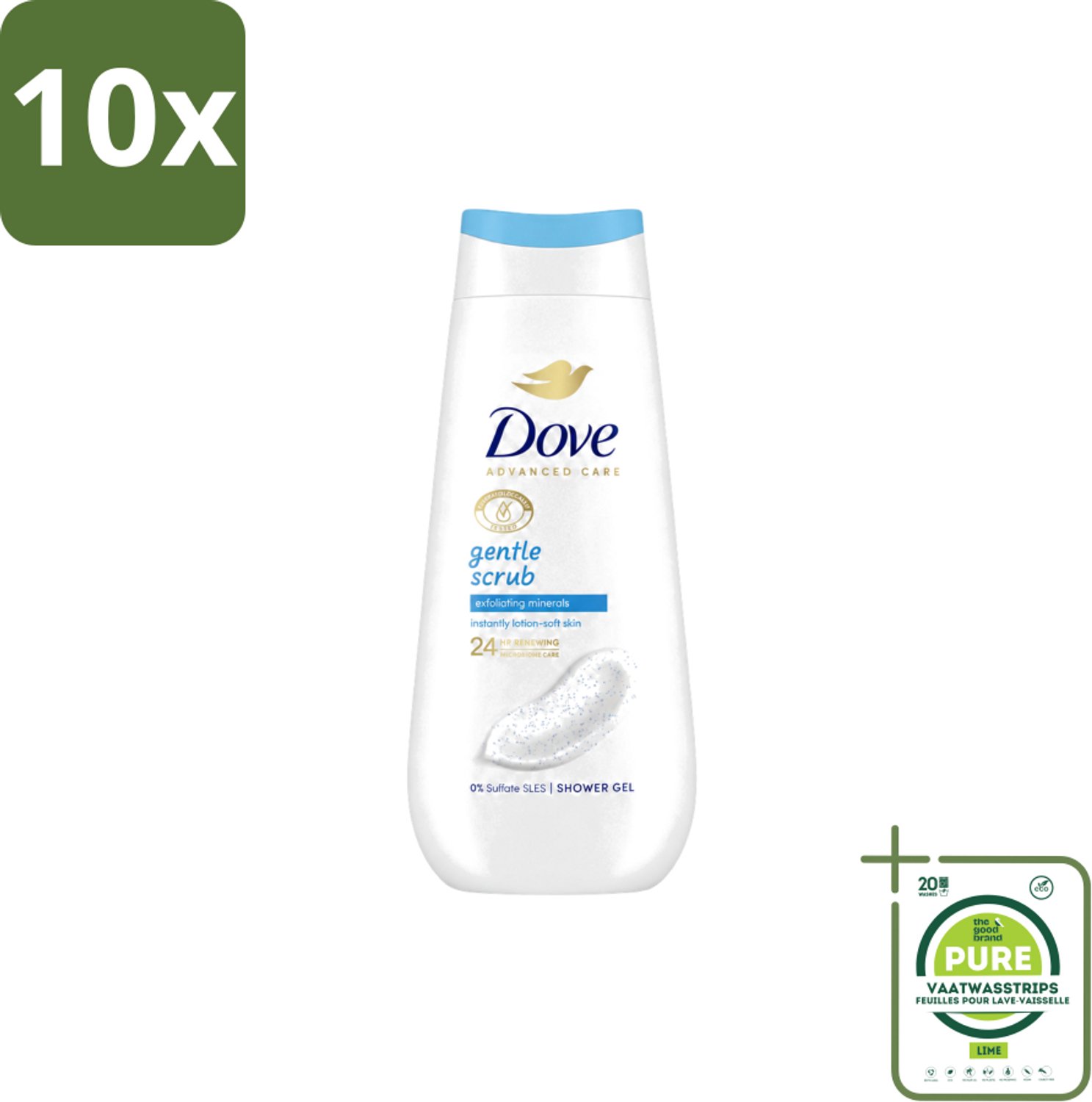10 x Dove – Douchegel – Advanced Care Gentle Scrub – 225 ml - Grootverpakking - Vaatwasstrips - Douchegel - Exfoliatie - Huidverzorging - Zachte Douchegel - Schuim