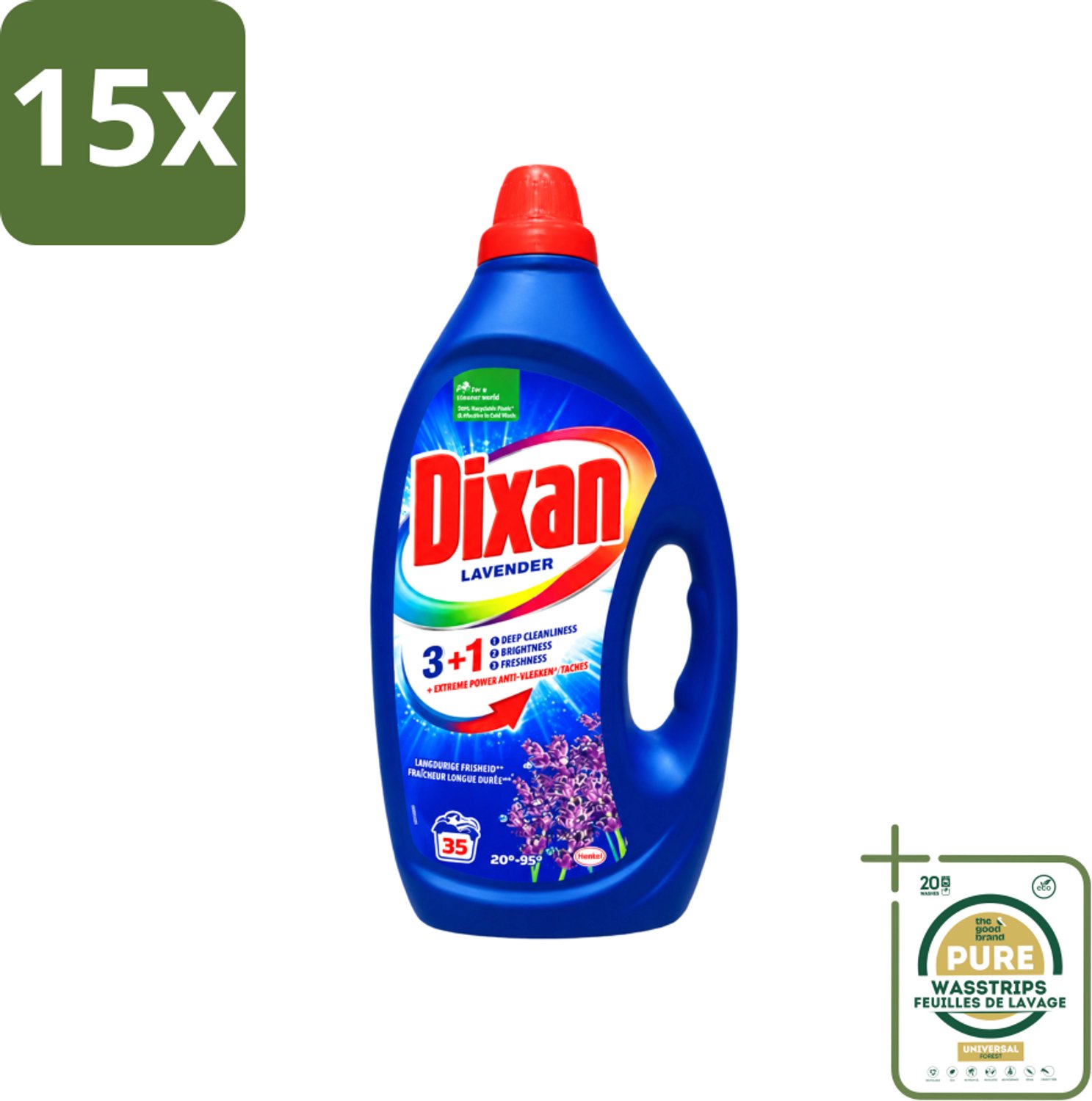 15 x Dixan - Vloeibaar Wasmiddel en Vlekverwijderaar - Witte en Gekleurde Was - Lavendel - 35 Wasbeurten - Wasstrips - Vloeibaar Wasmiddel - Vlekverwijderaar - Wasmiddel Voor Witte En Gekleurde Stoffen - Lavendelgeur - Wasmiddel Voor Kleding