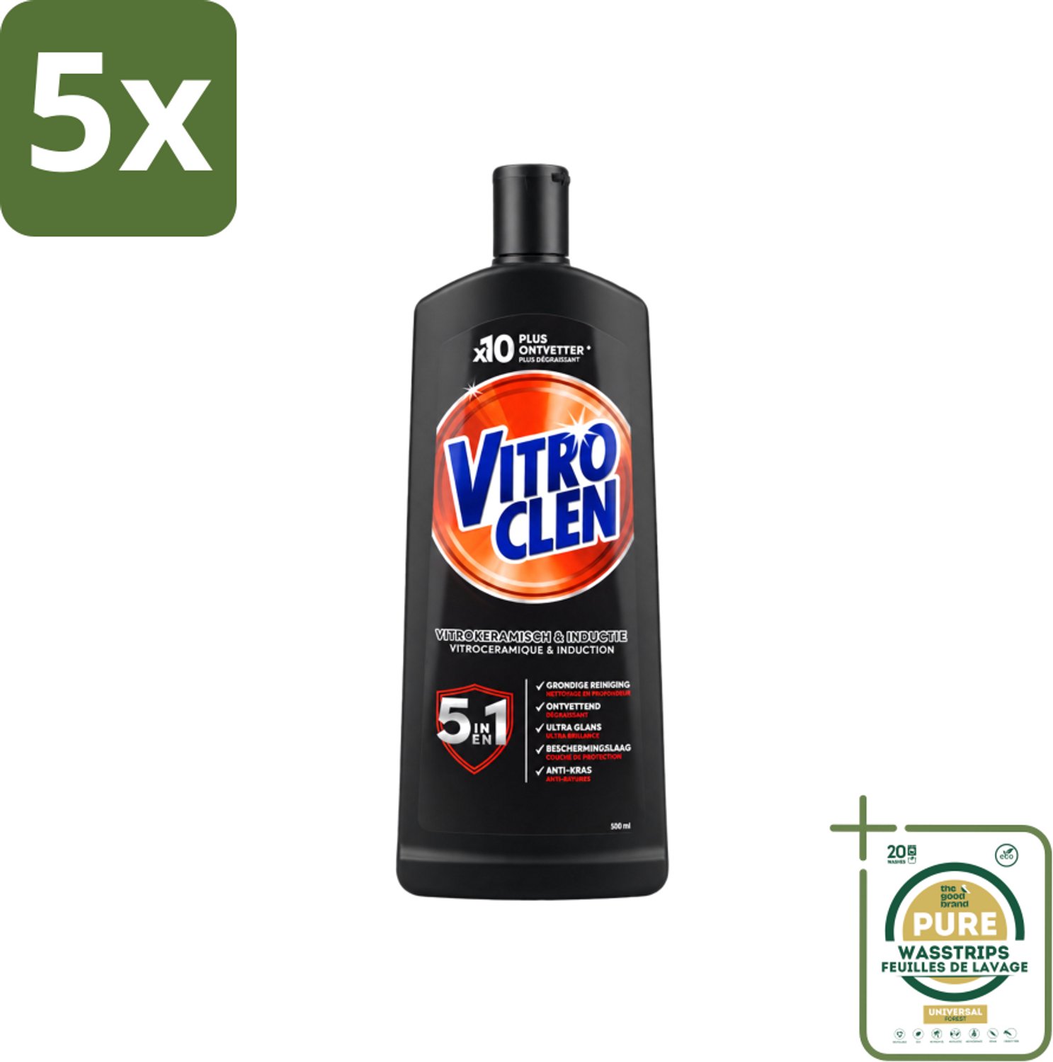 5 x Vitroclen - Kookplaatreiniger - Keramisch & Inductie - 5 in 1 - 500 ml - Wasstrips - Keramische Kookplaat Reinigen - Inductiekookplaat Reinigen - Kookplaat Reiniger - Kookplaat Beschermen - Vlekken Verwijderen