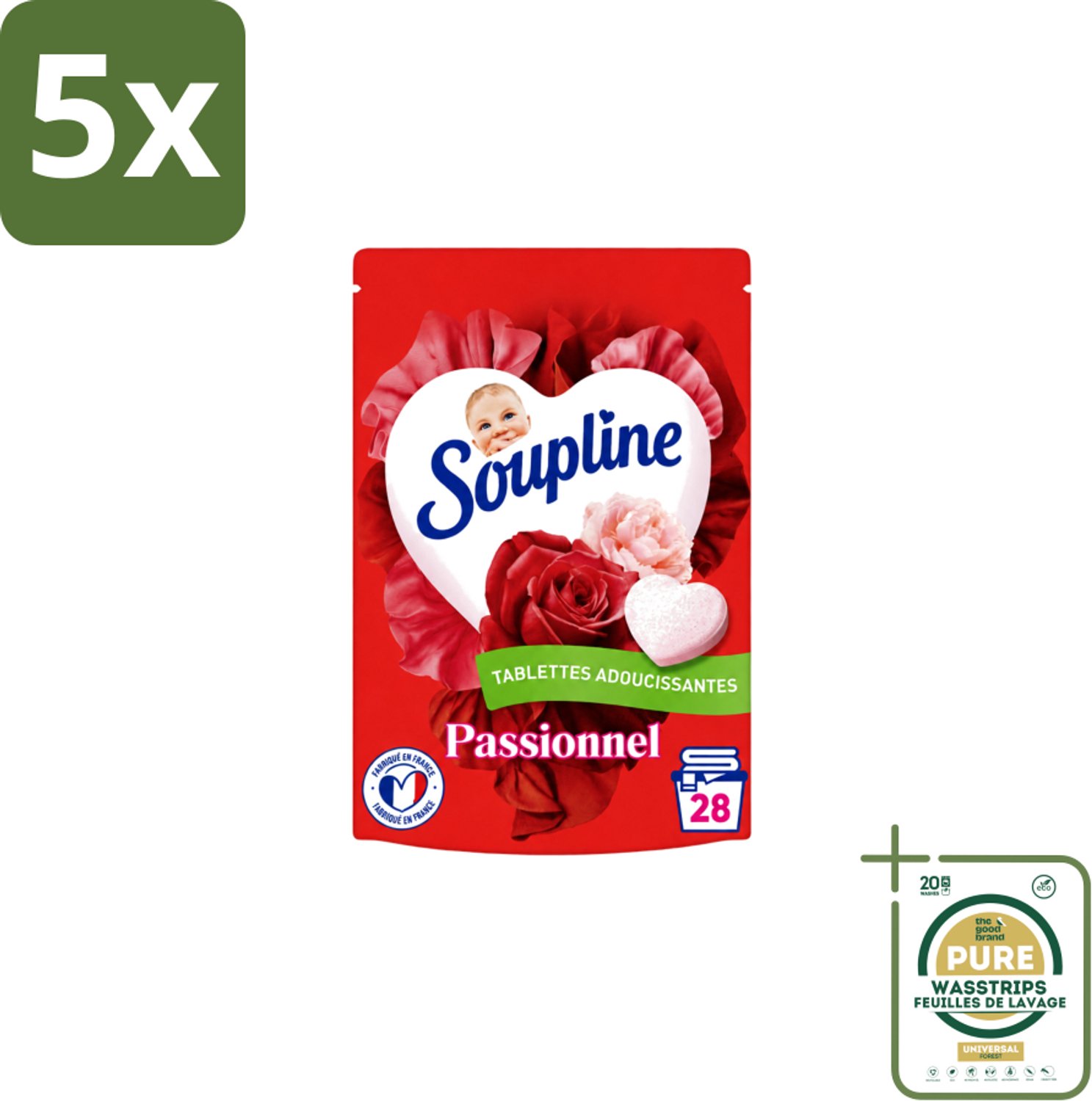 5 x Soupline – Wasverzachtertabletten – Harten Straling van Passiebloemboeket - 28 tabletten - Wasstrips - Wasverzachter Tablet - Wasverzachter In Tabletvorm - Rozengeur Wasverzachter - Verzachte Wasverzachter - Wasverzachter Voor Kleding