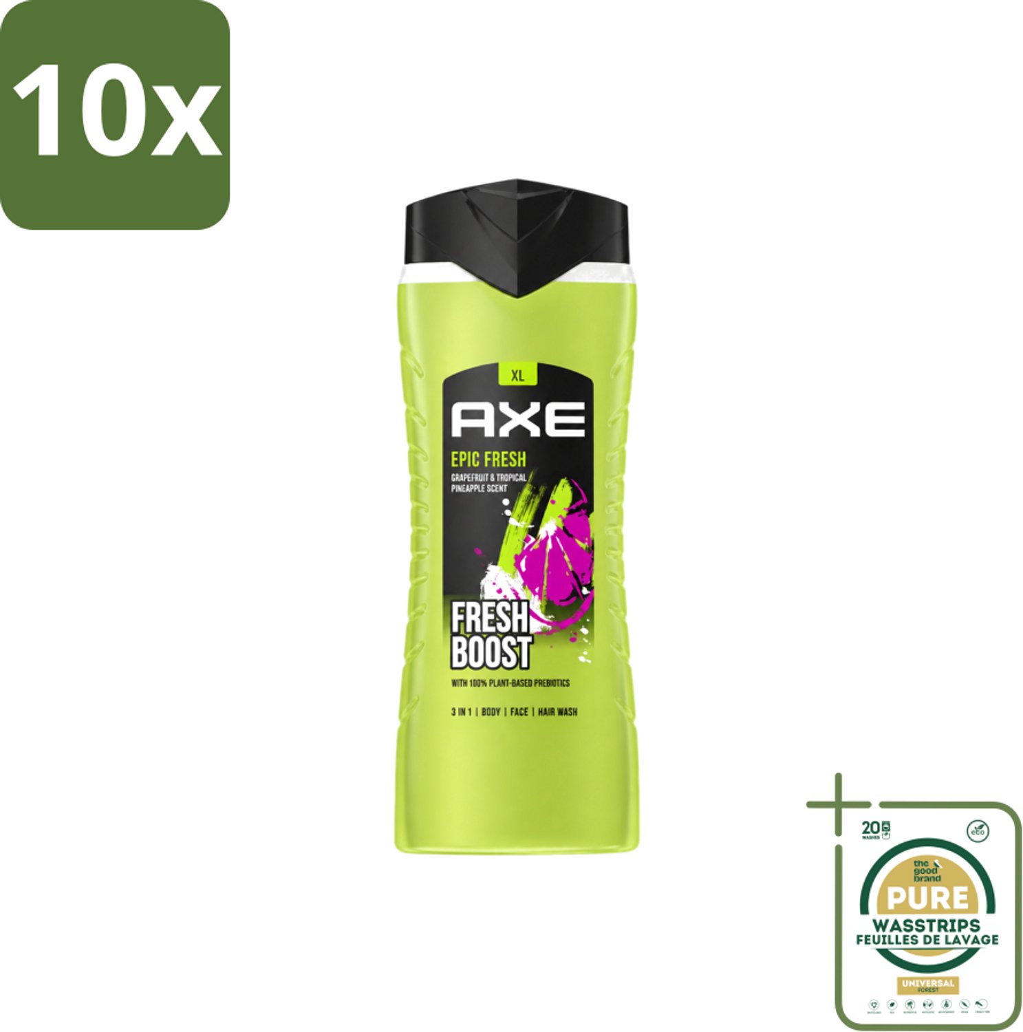 10 x AXE – Douchegel – Epic Fresh Fresh Boost 3-in-1 – 400 ml - Wasstrips - Douchegel - Frisheid - Lichaam - Gezicht - Haar