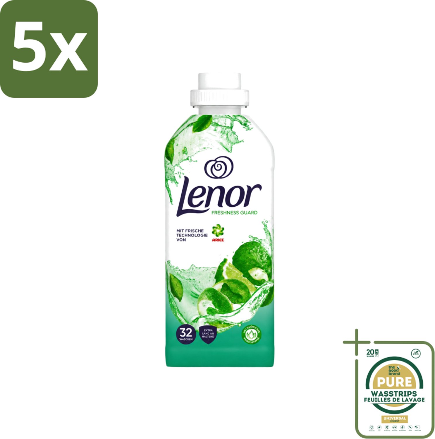 5 x Lenor – Wasverzachter – Freshness Guard – 32 Wasbeurten – 800 ml - Wasstrips - Wasverzachter - Frisheid - Geur - Geurprofiel - Geurtjes