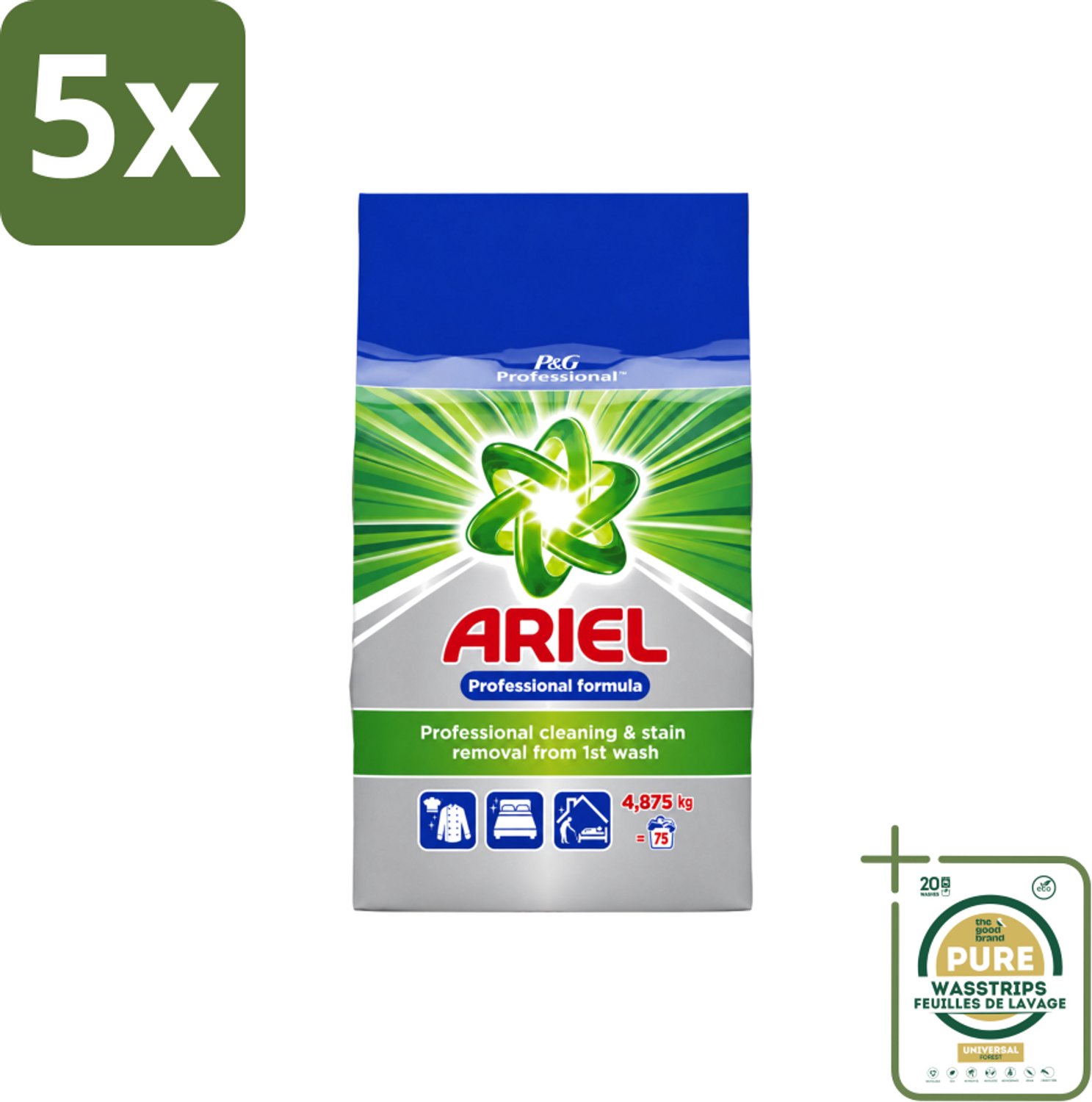5 x Ariel – Waspoeder Professional – Original – 4,8 kg – 75 wasbeurten - Wasstrips - Ariel Professional Waspoeder - 4.8 Kg Waspoeder - Professioneel Wasmiddel - Actilift Waspoeder - Waspoeder Voor Wit En Gekleurd Textiel