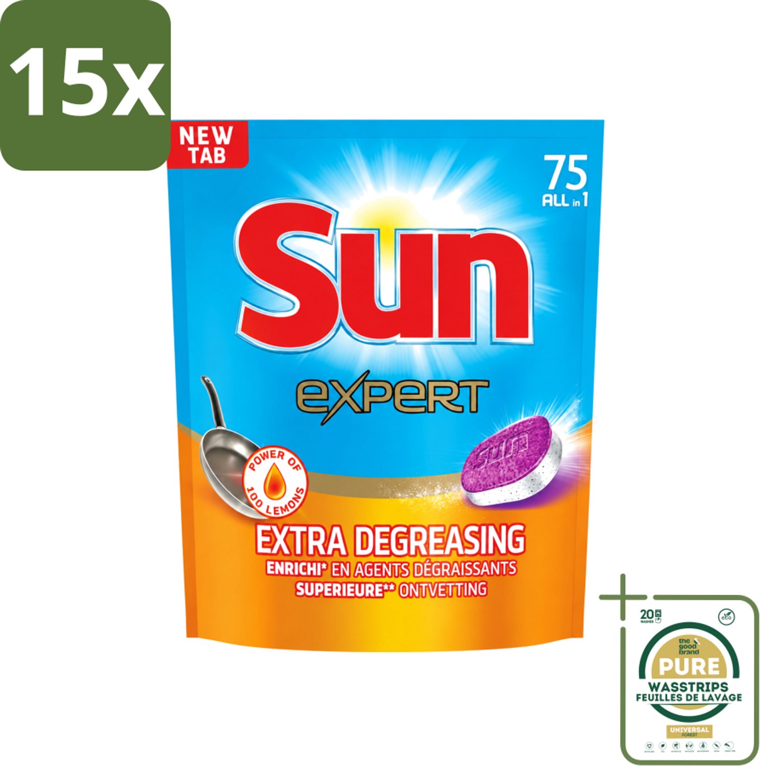 15 x Sun Expert - All-in-1 - Vaatwastabletten - Extra Ontvettend - 75 Tabletten - Wasstrips - Vaatwastabletten - Vaatwasmiddel - Ontvetting - Vaatwasser - Vaat Reinigen